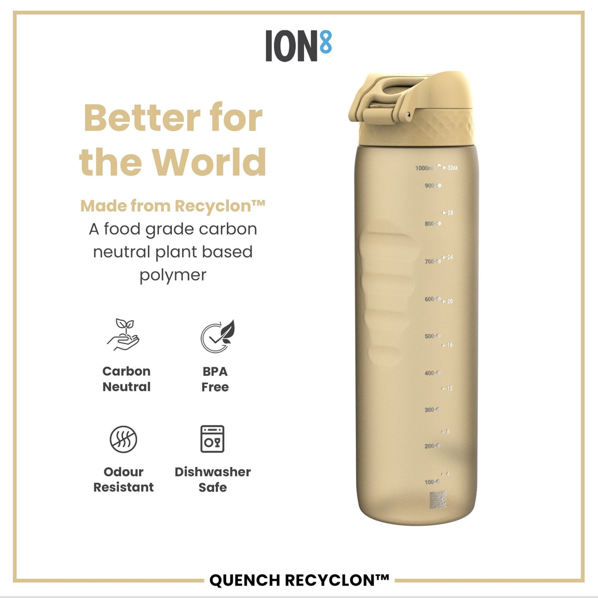 Ion8 Recyclon Desert 1L water bottle, leak-proof reusable drink container with secure lid and desert-inspired design.