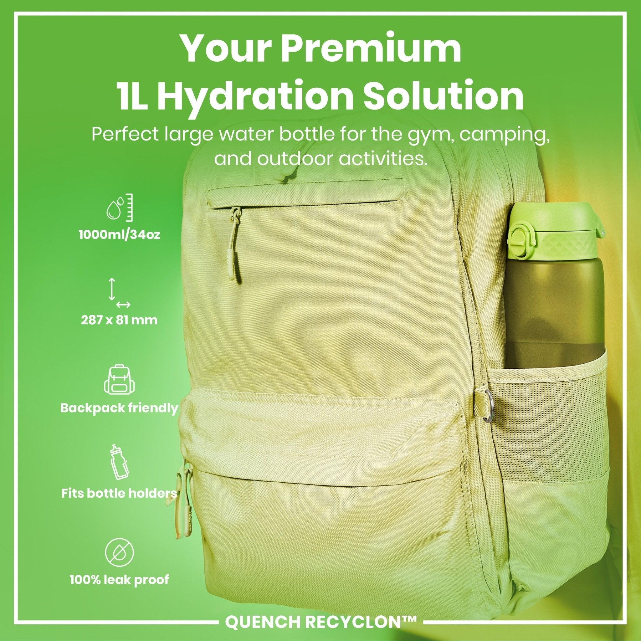 Recyclon 1L green leak-proof water bottle by ION8, made of durable material, with a secure lid and ergonomic design.