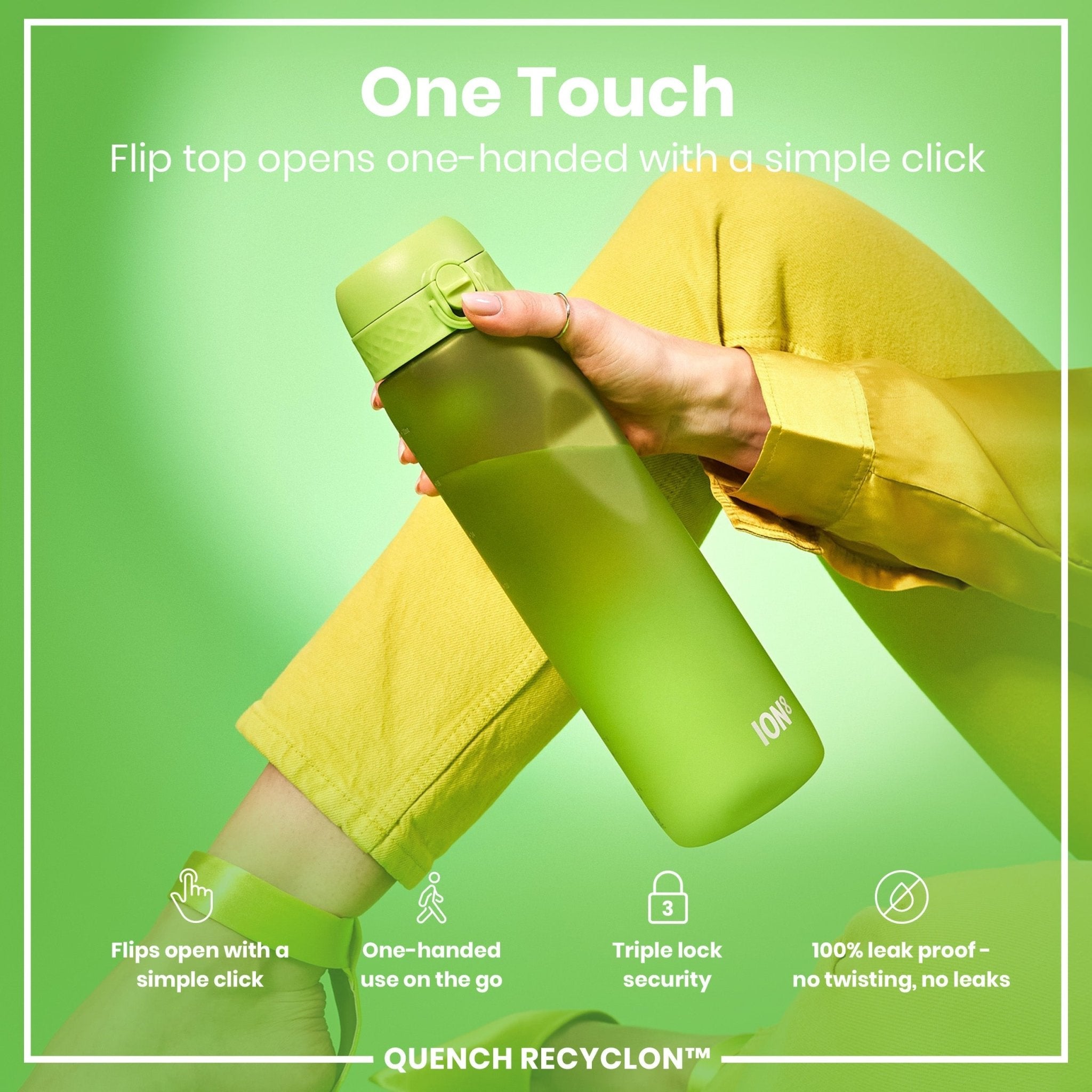 Green ION8 Recyclon 1L leak-proof water bottle with a secure lid and clear branding, designed for durable hydration.
