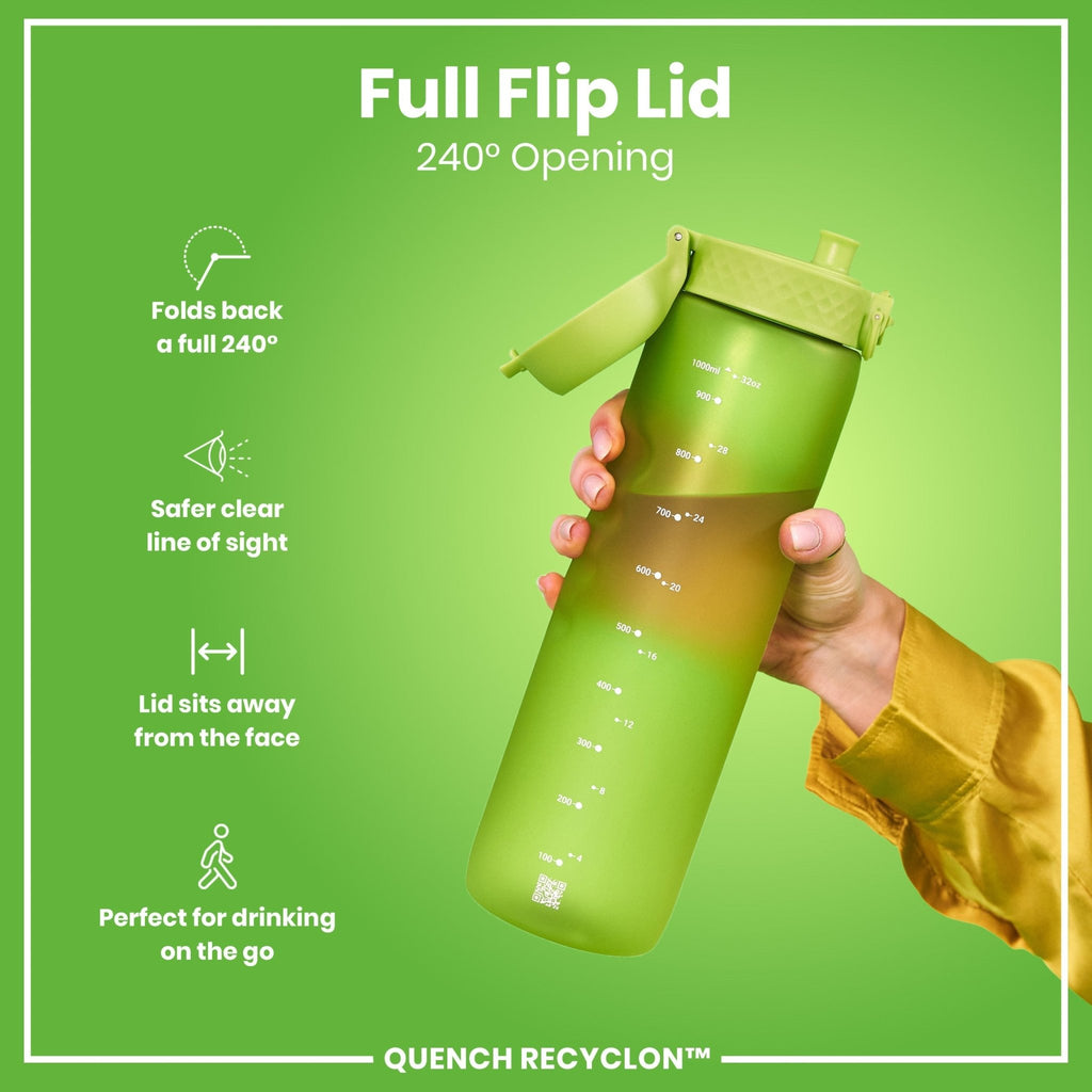 Green ION8 Recyclon 1L leak-proof water bottle with secure lid, designed for durable, eco-friendly hydration.