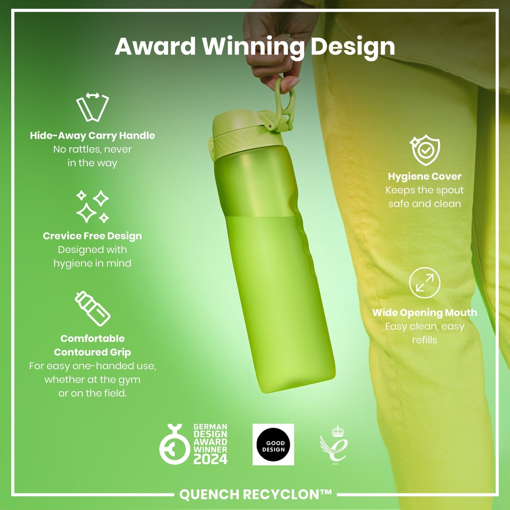 Green ION8 Recyclon leak-proof 1-liter water bottle with a secure lid and smooth surface for easy grip.