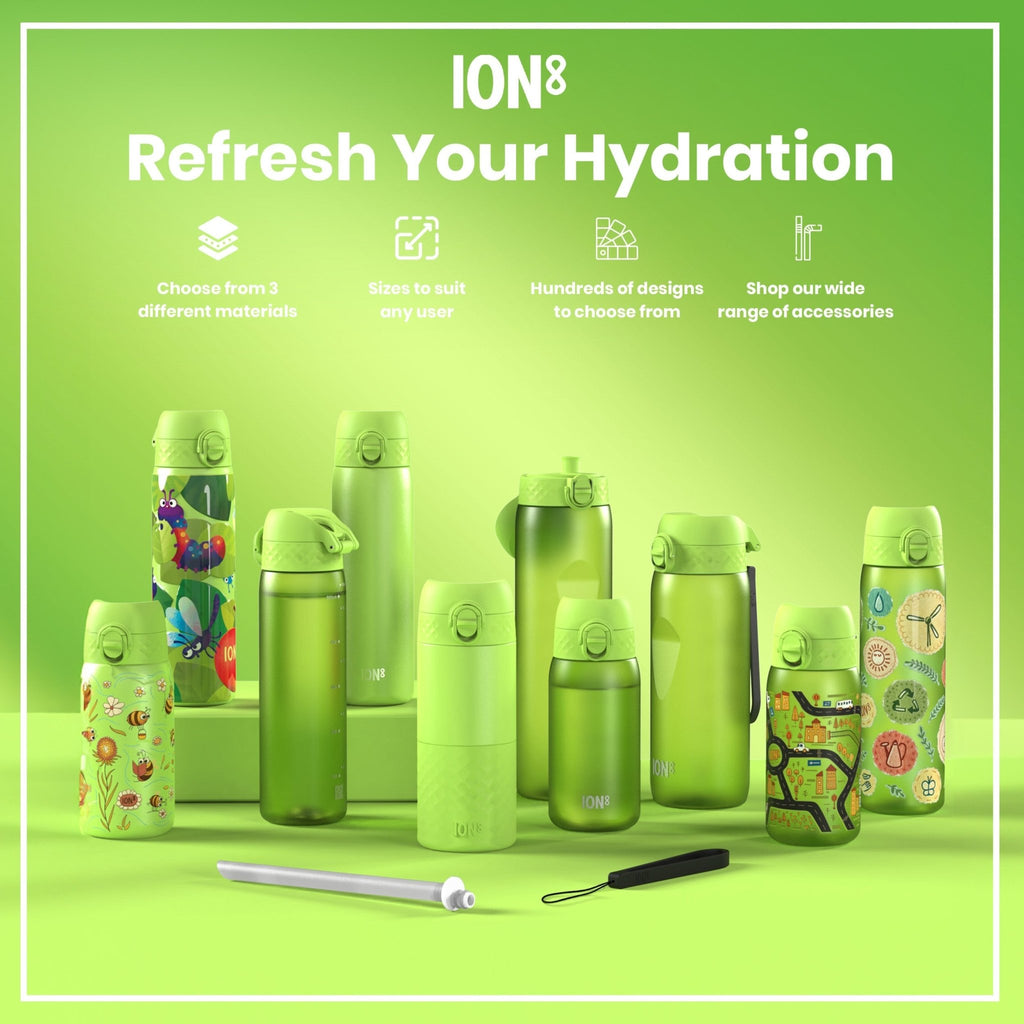 Ion8 Leak Proof 1L Recyclon water bottle in green, featuring a sturdy design and secure cap for outdoor hydration.