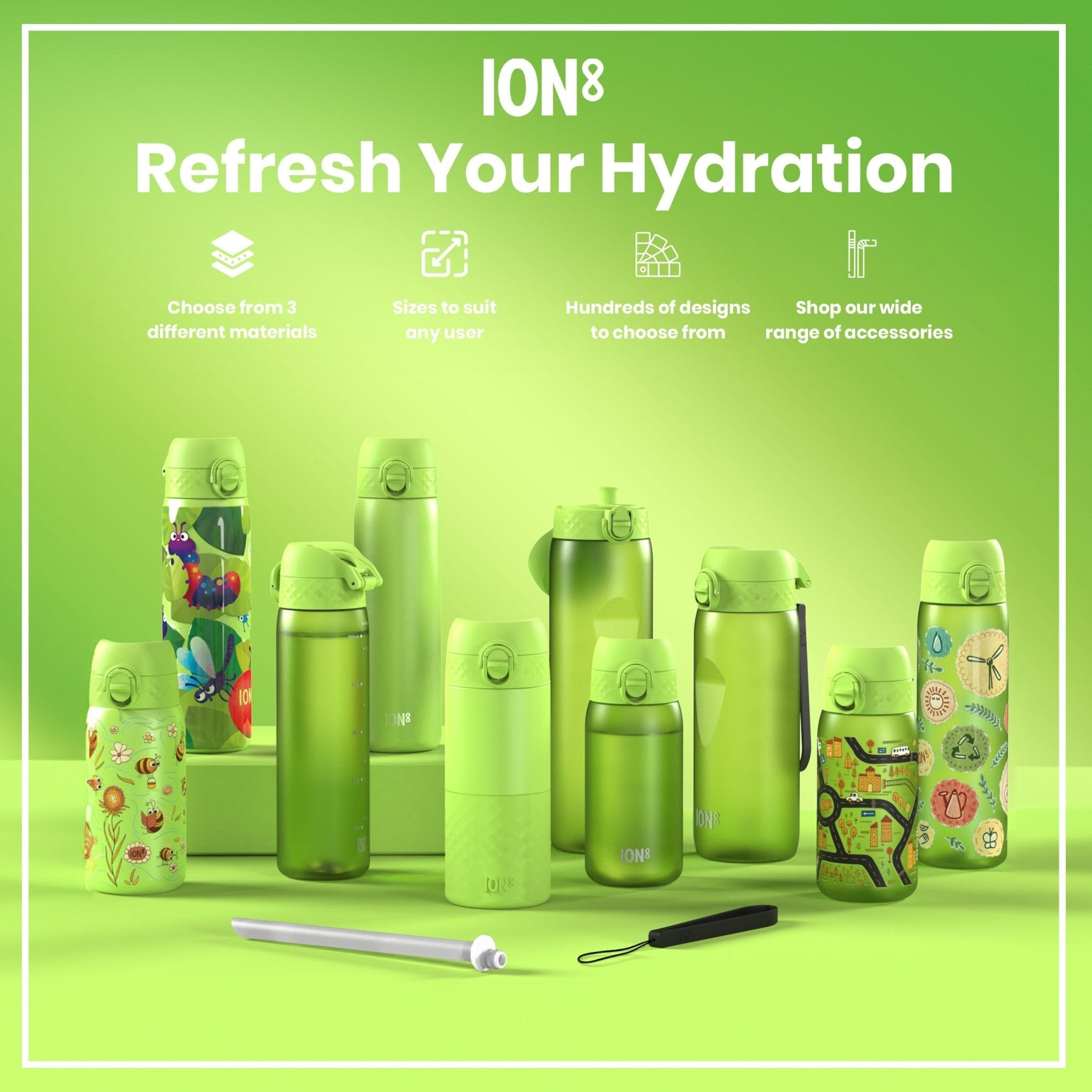 Ion8 Leak Proof 1L Recyclon water bottle in green, featuring a sturdy design and secure cap for outdoor hydration.