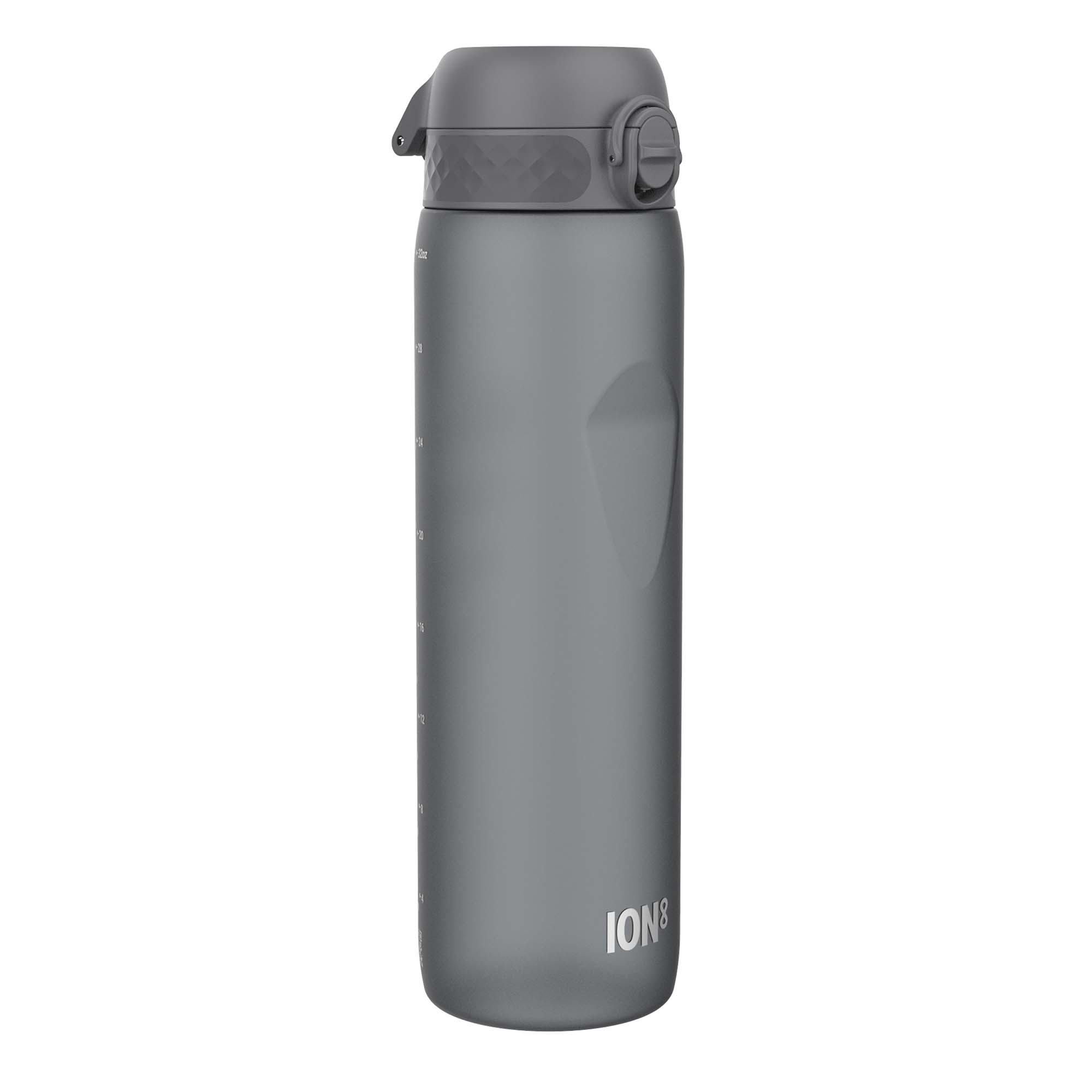 Grey ION8 Recyclon 1L leak-proof water bottle, made of recyclable materials, with a secure lid and sleek design.
