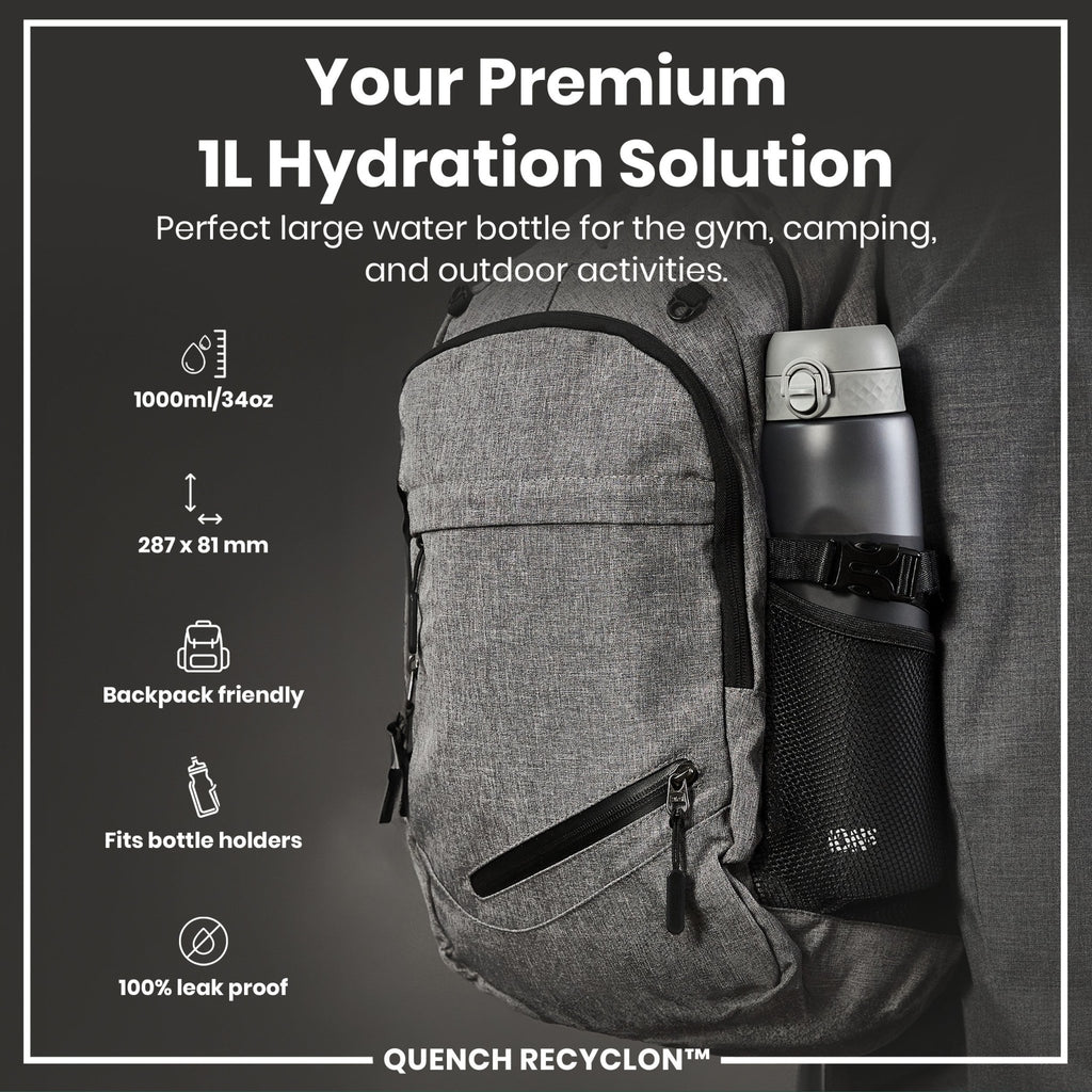 Ion8 Recyclon grey 1L water bottle with leak-proof design, made from recycled materials, featuring a sleek, durable shape.