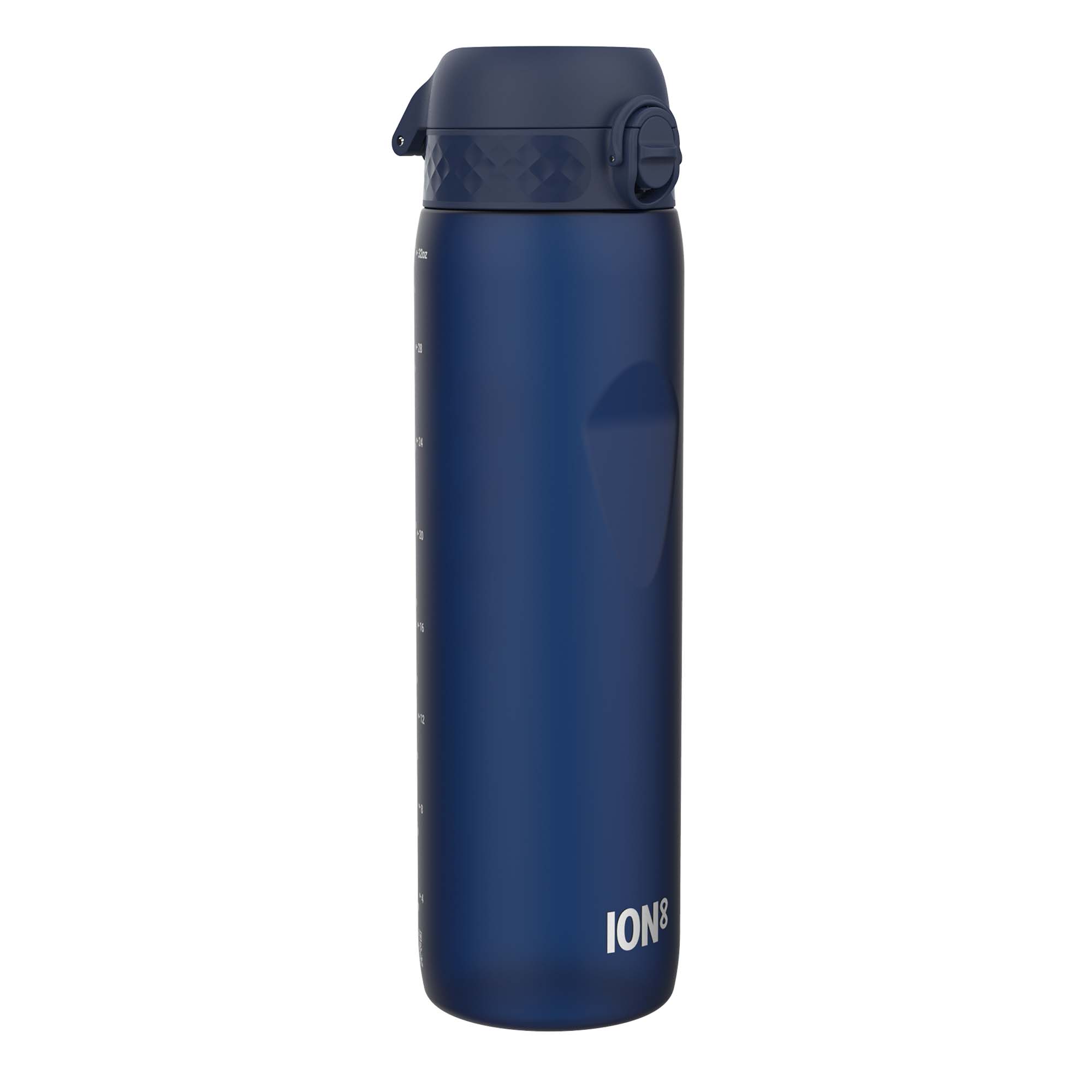 Ion8 Recyclon 1L navy leak-proof water bottle with a secure lid and sleek design for easy hydration on the go.