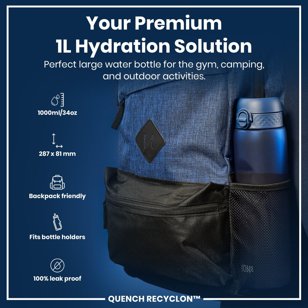 Ion8 Recyclon Water Bottle in navy, 1L, leak-proof design, made for durable, eco-friendly hydration.