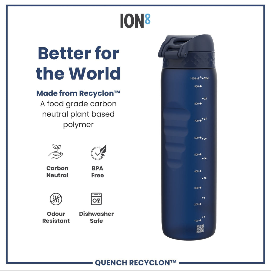 Ion8 Recyclon 1L navy water bottle with leak-proof design, made from recyclable materials, featuring a secure screw cap.