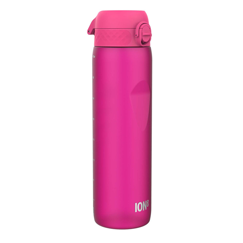 ION8 Recyclon Pink 1L water bottle with leak-proof design, made from recyclable materials, featuring a sleek 1-liter size.