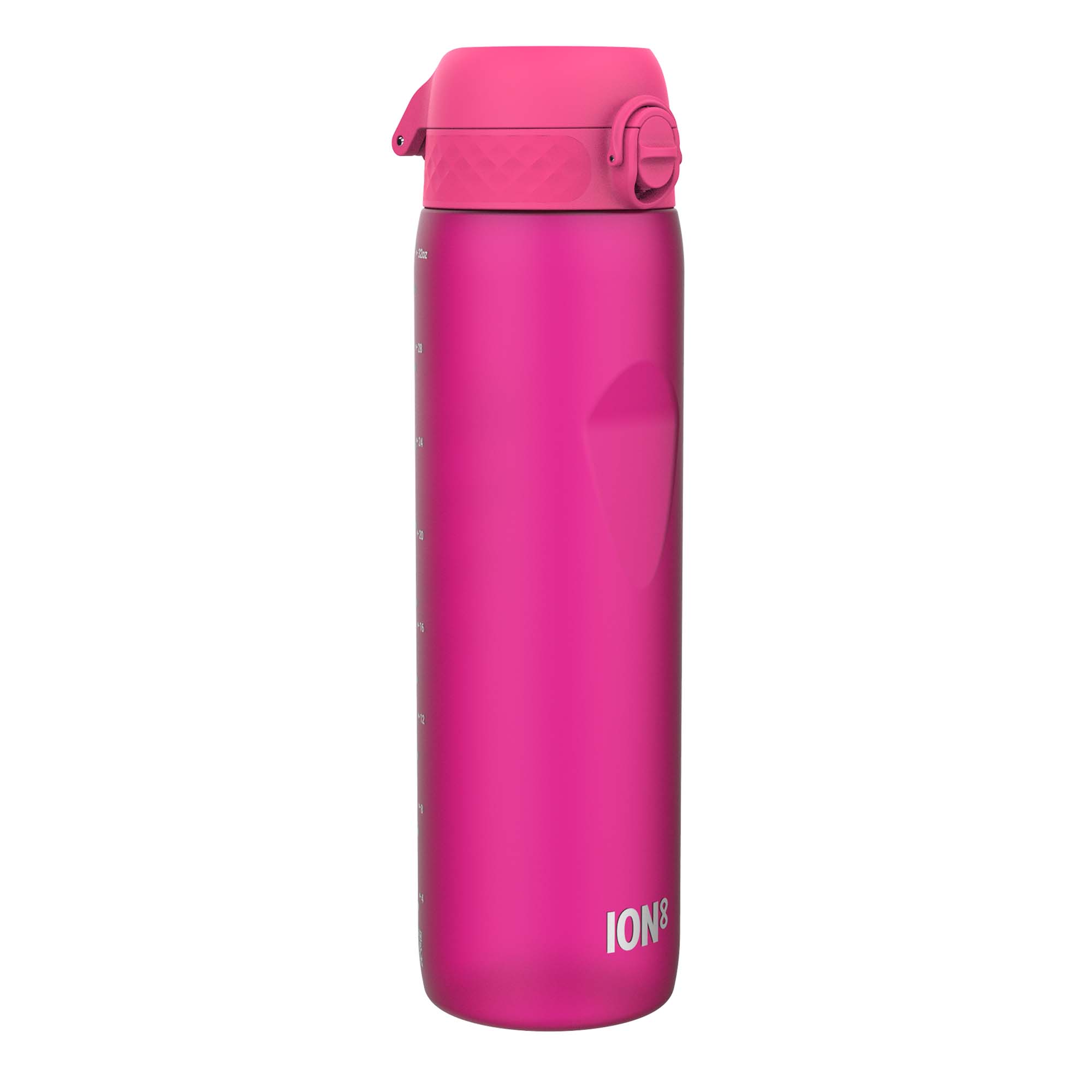 Pink ION8 Recyclon 1L leak-proof water bottle with a secure lid, designed for durable, eco-friendly hydration.