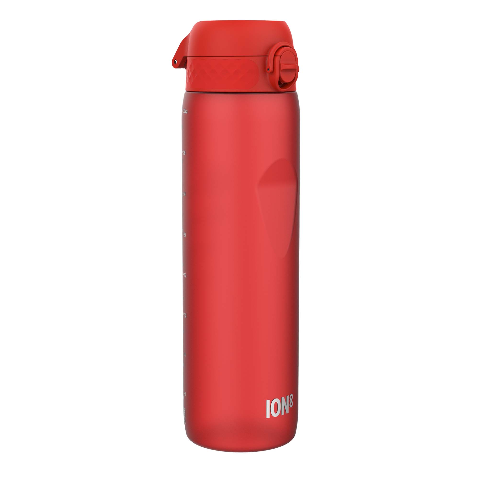 Red ION8 Recyclon leak-proof 1-liter water bottle with secure cap, designed for durable hydration and eco-friendly use.