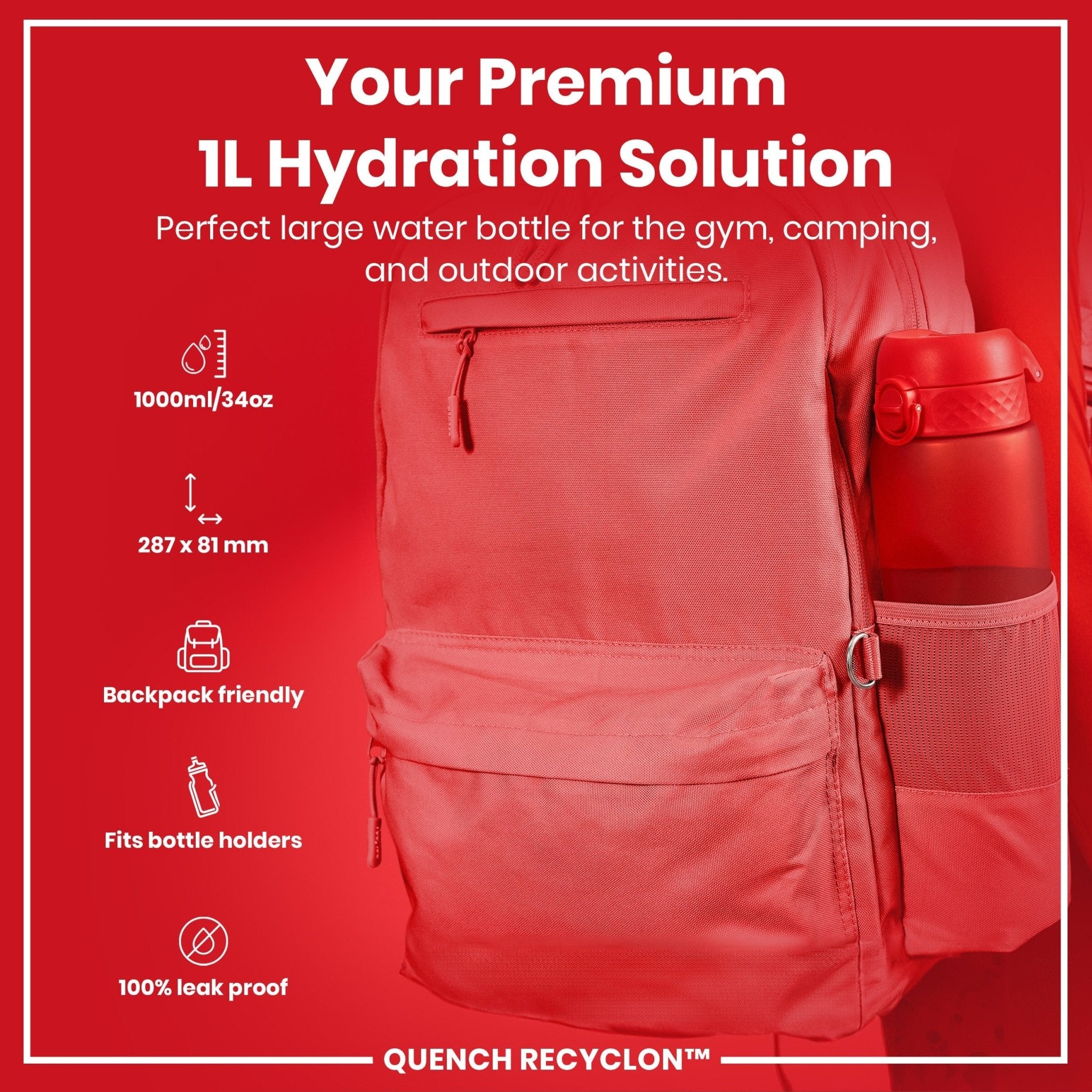 Red ION8 Recyclon 1L leak-proof water bottle with a secure screw-on lid and ergonomic design for easy drinking.