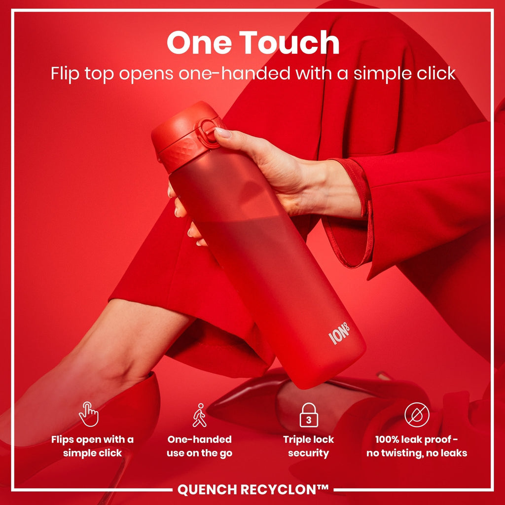 Red ION8 Recyclon 1L water bottle with leak-proof design, durable plastic, and secure lid for daily hydration.