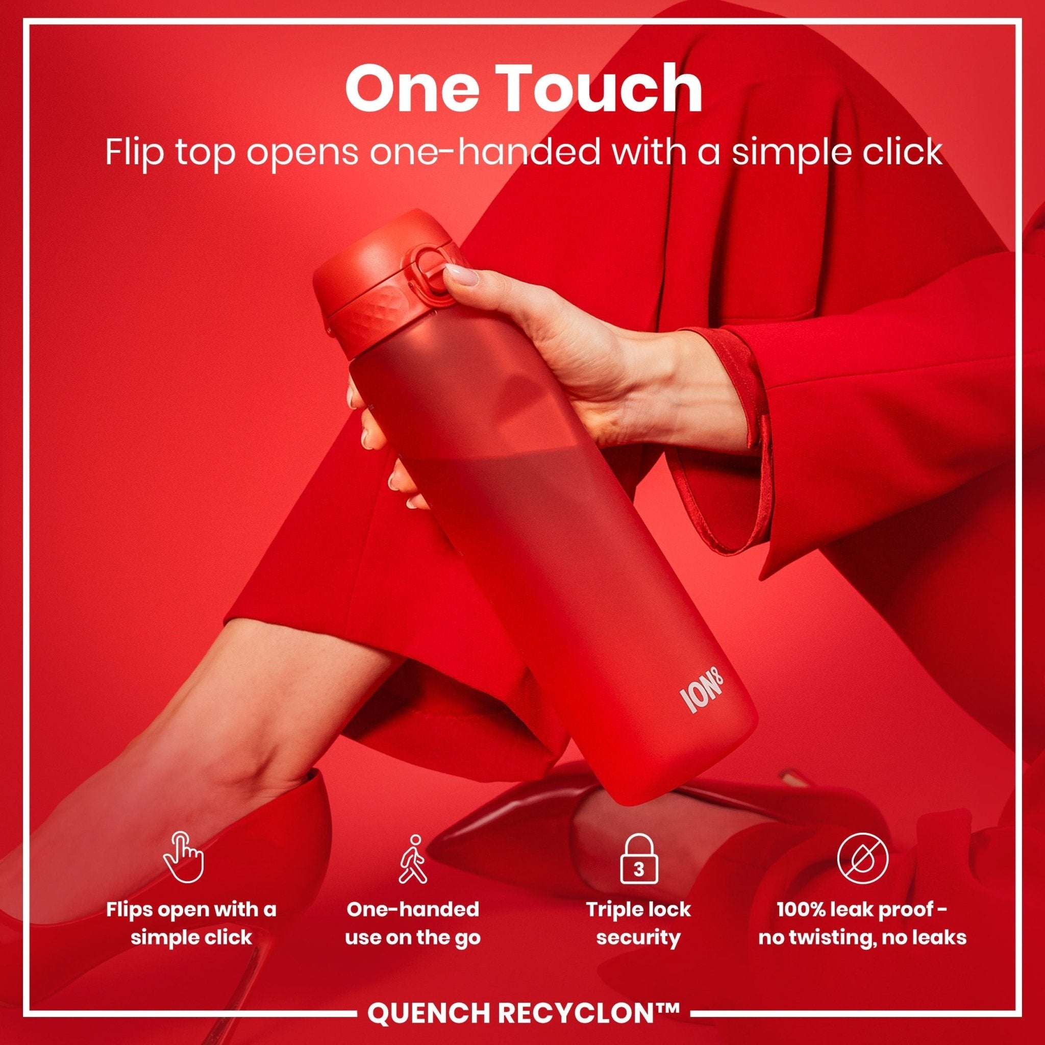 Red ION8 Recyclon 1L water bottle with leak-proof design, durable plastic, and secure lid for daily hydration.