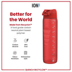 Red ION8 Recyclon leak-proof 1-liter water bottle with secure cap, designed for durable, eco-friendly hydration.