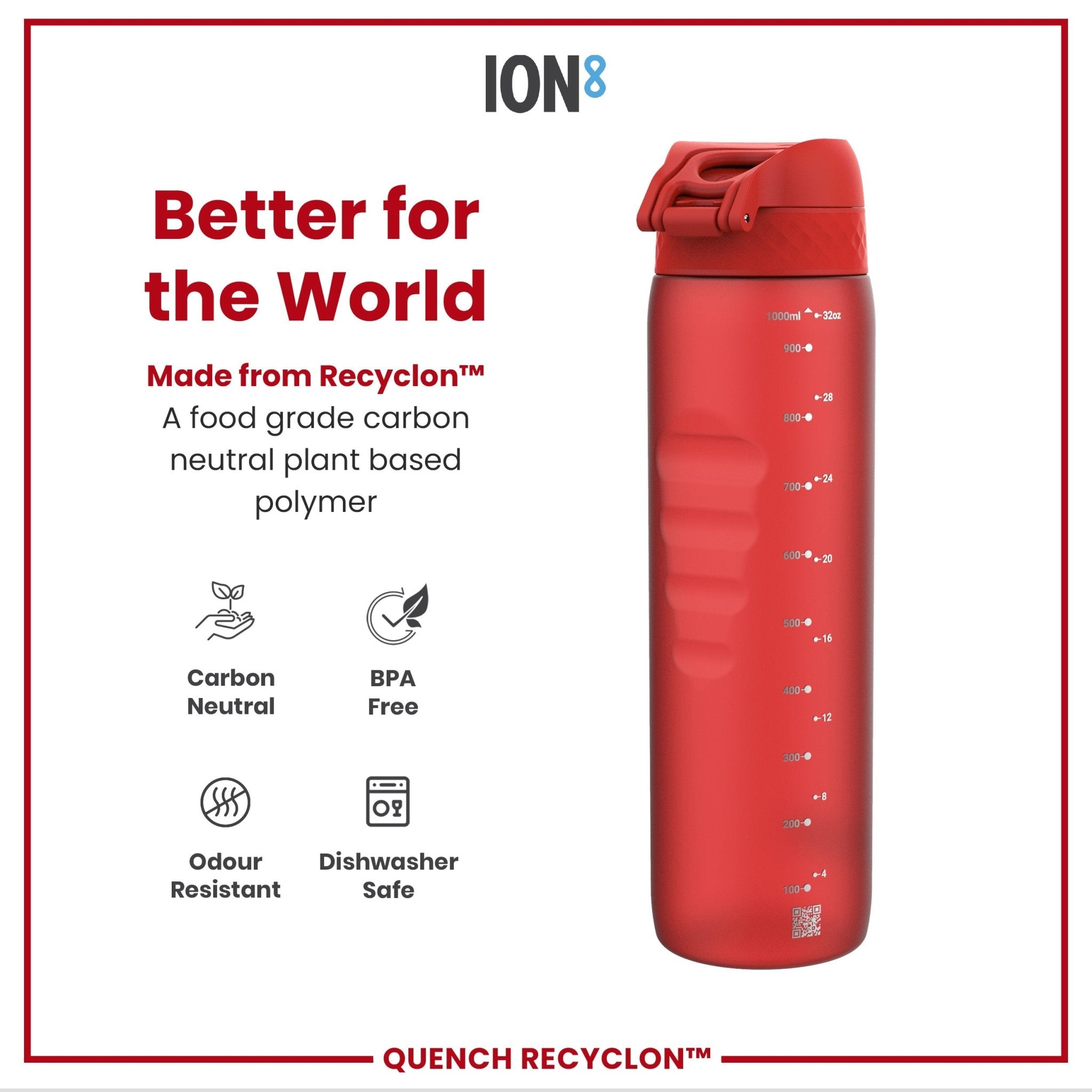 Red ION8 Recyclon leak-proof 1-liter water bottle with secure cap, designed for durable, eco-friendly hydration.