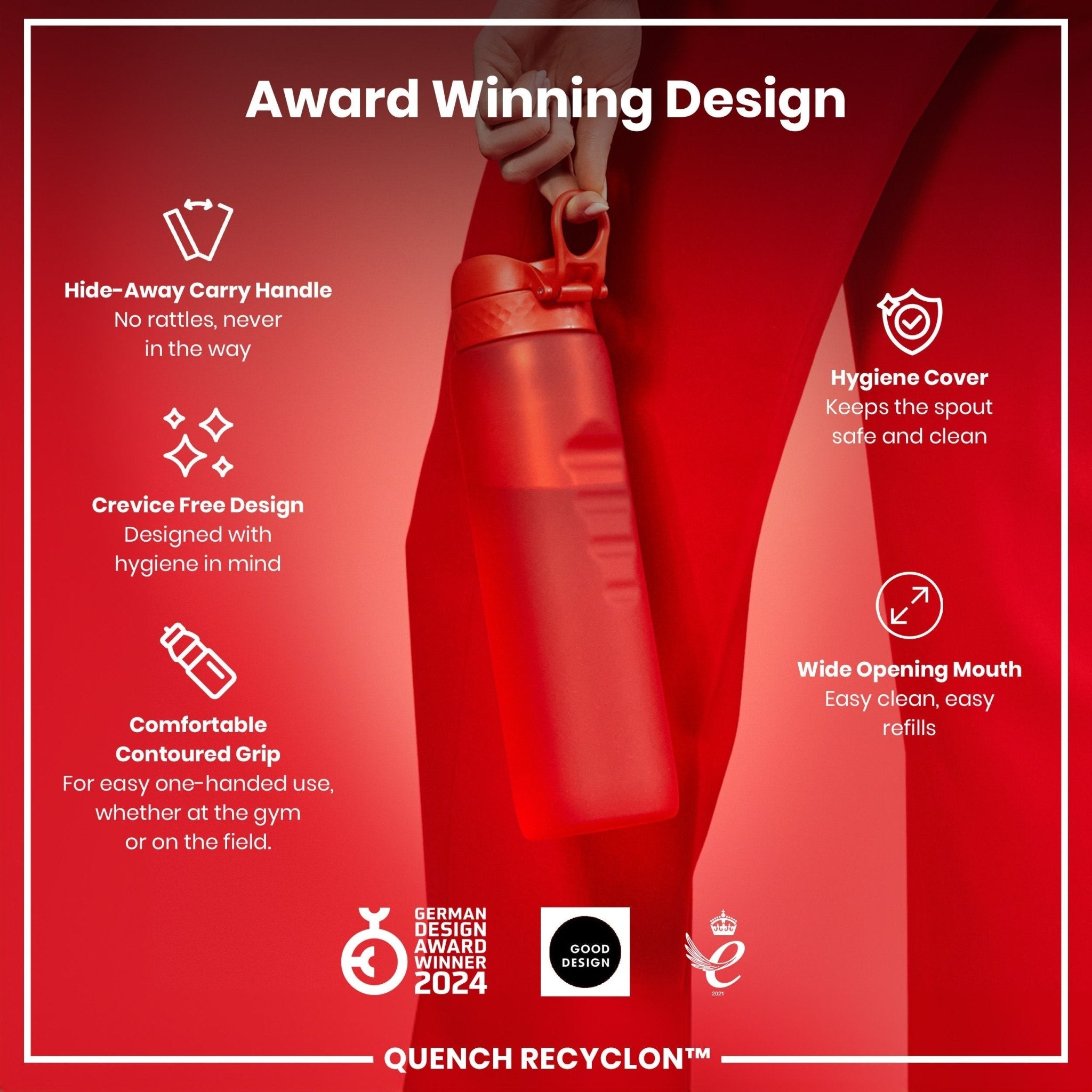 Red ION8 Recyclon leak-proof 1 litre water bottle with a secure lid, designed for durable hydration on the go.