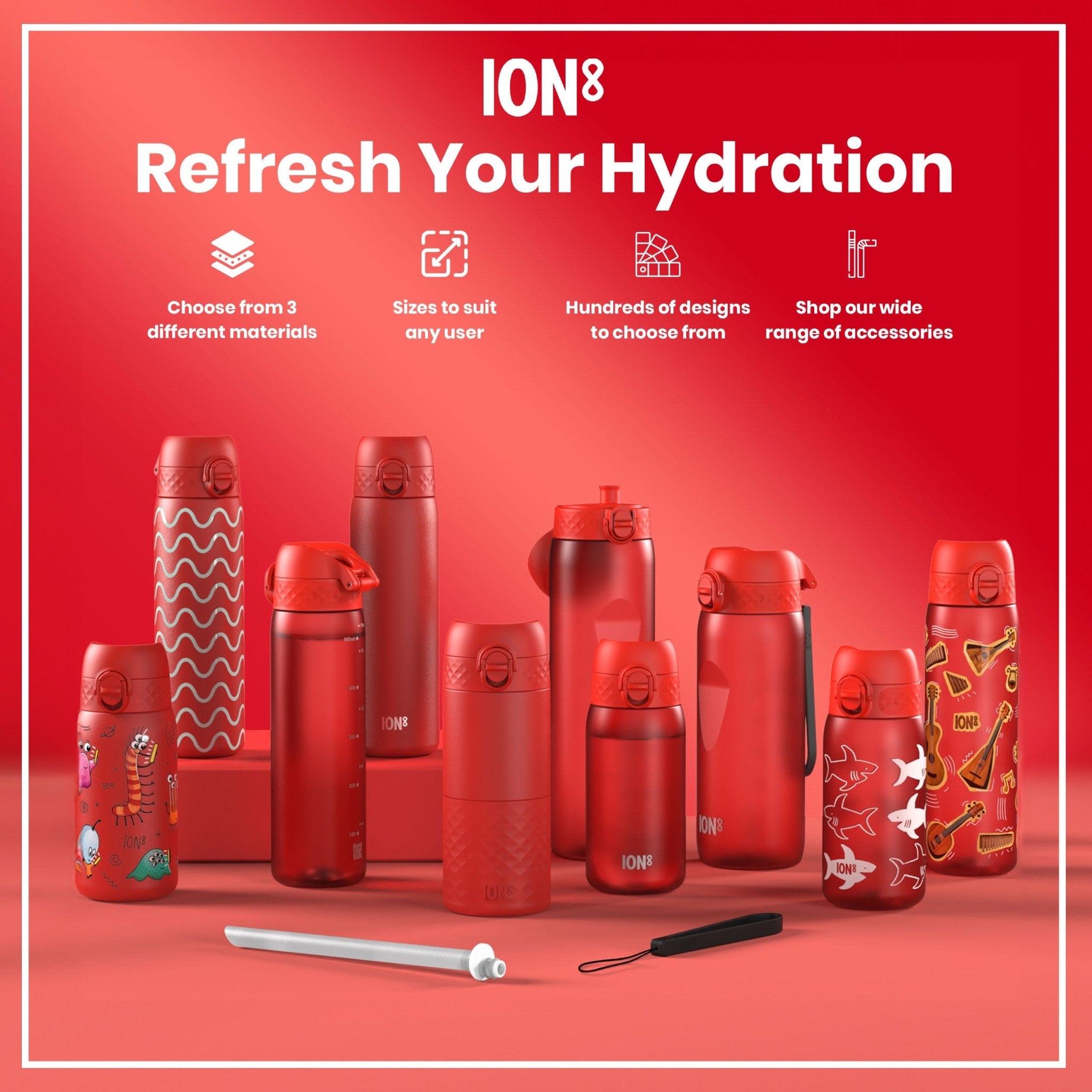 Red 1-liter Recyclon water bottle by ION8, leak-proof design with a secure cap, made for durable hydration.