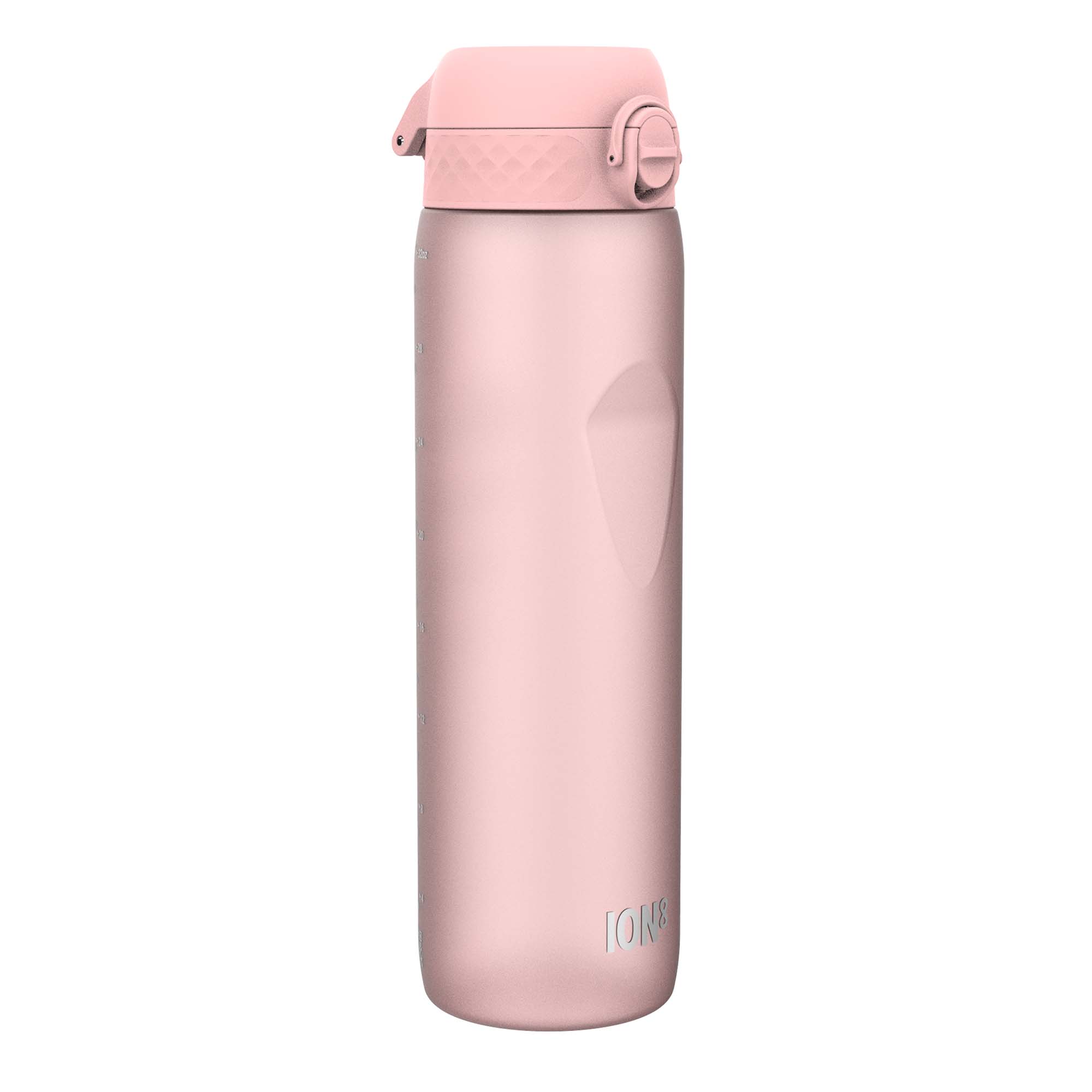 Ion8 Leak Proof 1L Recyclon Water Bottle in Rose Quartz, showcasing the sleek, durable design with secure lid and vibrant color.