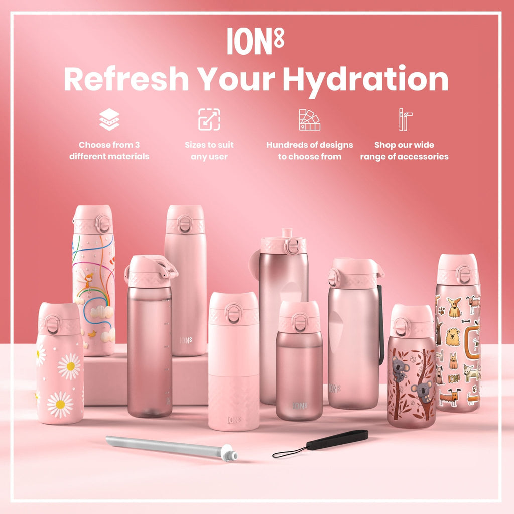 Ion8 Recyclon 1L water bottle in rose quartz with leak-proof design, made from recyclable materials, ideal for sustainable hydration.