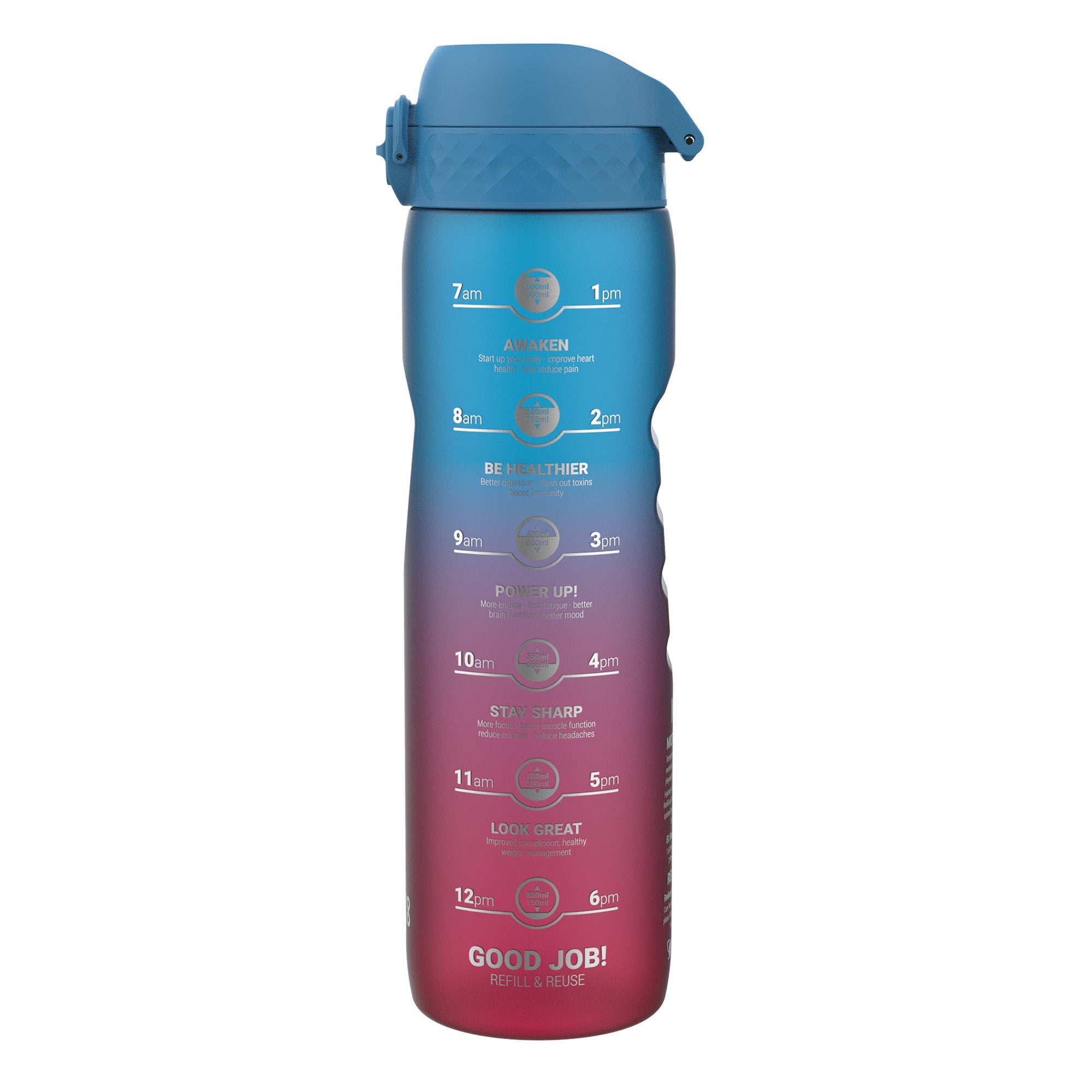 ION8 Recyclon 1L water bottle with time markers, leak-proof design, in blue and pink, made for easy hydration on the go.