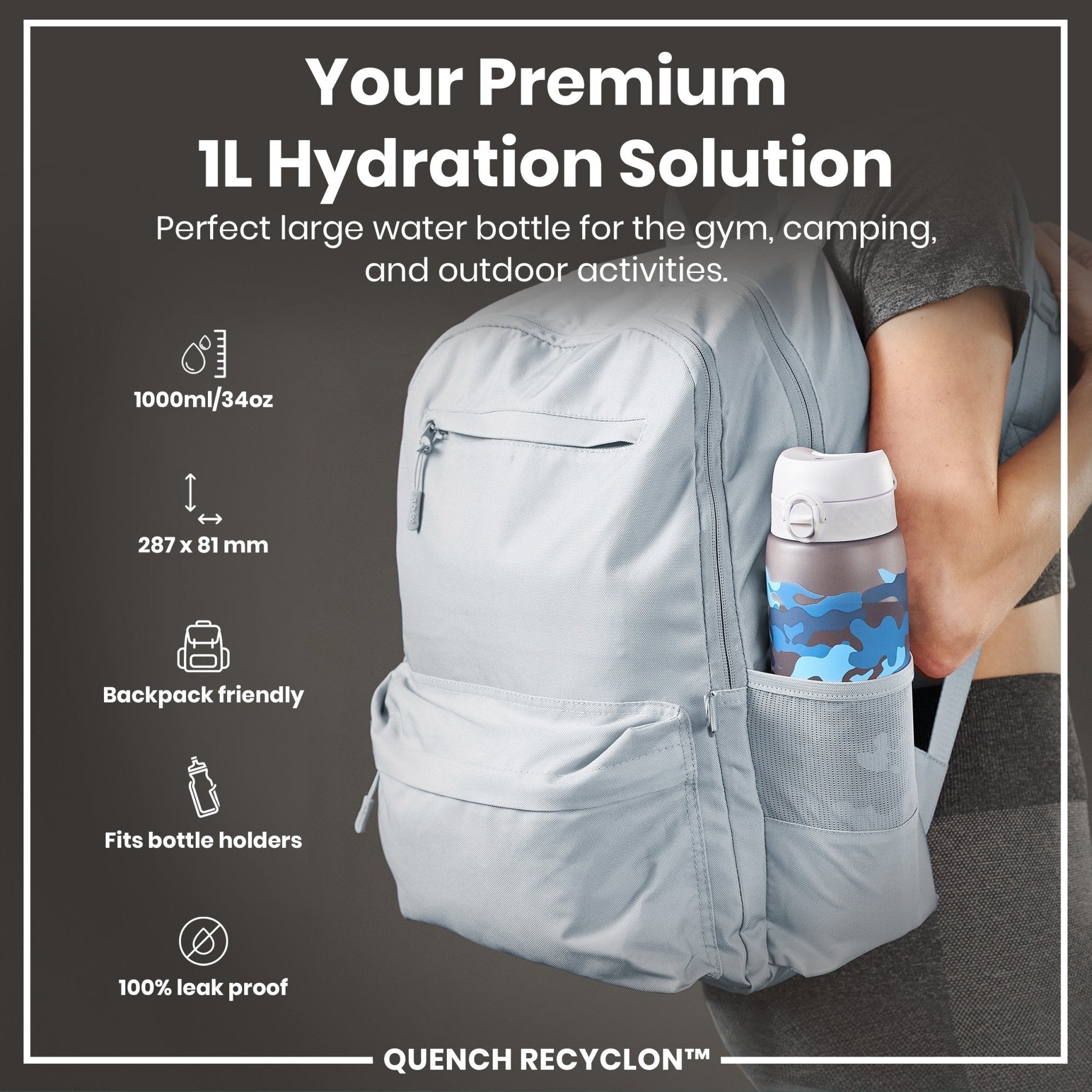 Camouflage ION8 Recyclon 1L leak-proof water bottle with time markings for hydration reminders.