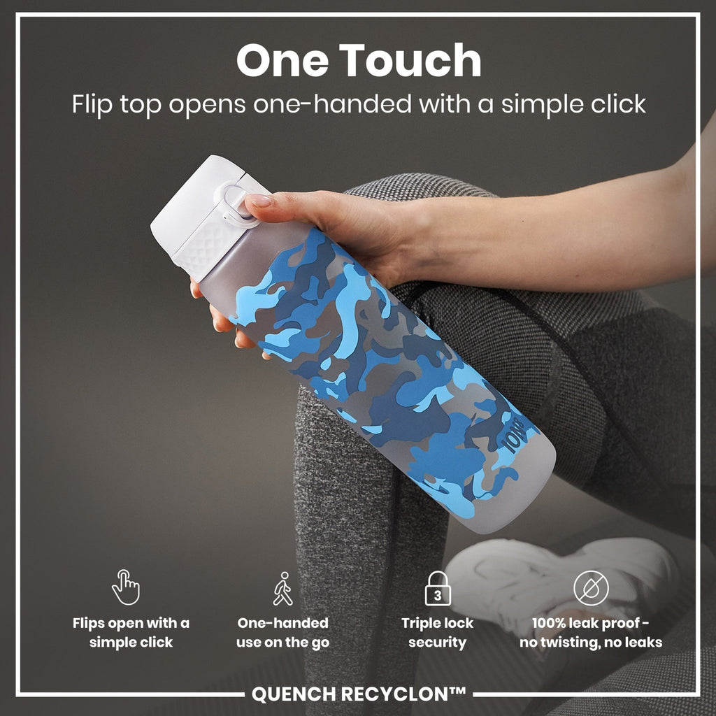 ION8 Recyclon 1L leak-proof water bottle with time markings, camouflage design, durable plastic for hydration on the go.