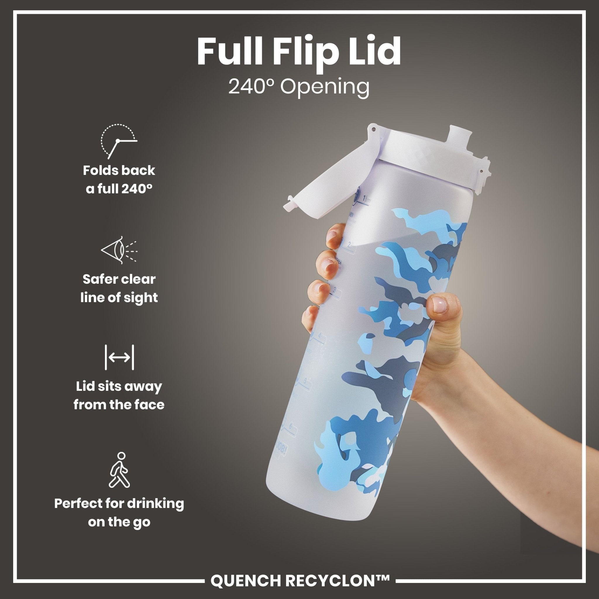 ION8 Recyclon 1L leak-proof camouflage water bottle with time markers for hydration tracking, made from recyclable materials.
