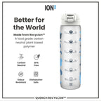 ION8 Recyclon 1L leak-proof water bottle with time markers, camouflage design, durable plastic for outdoor hydration.