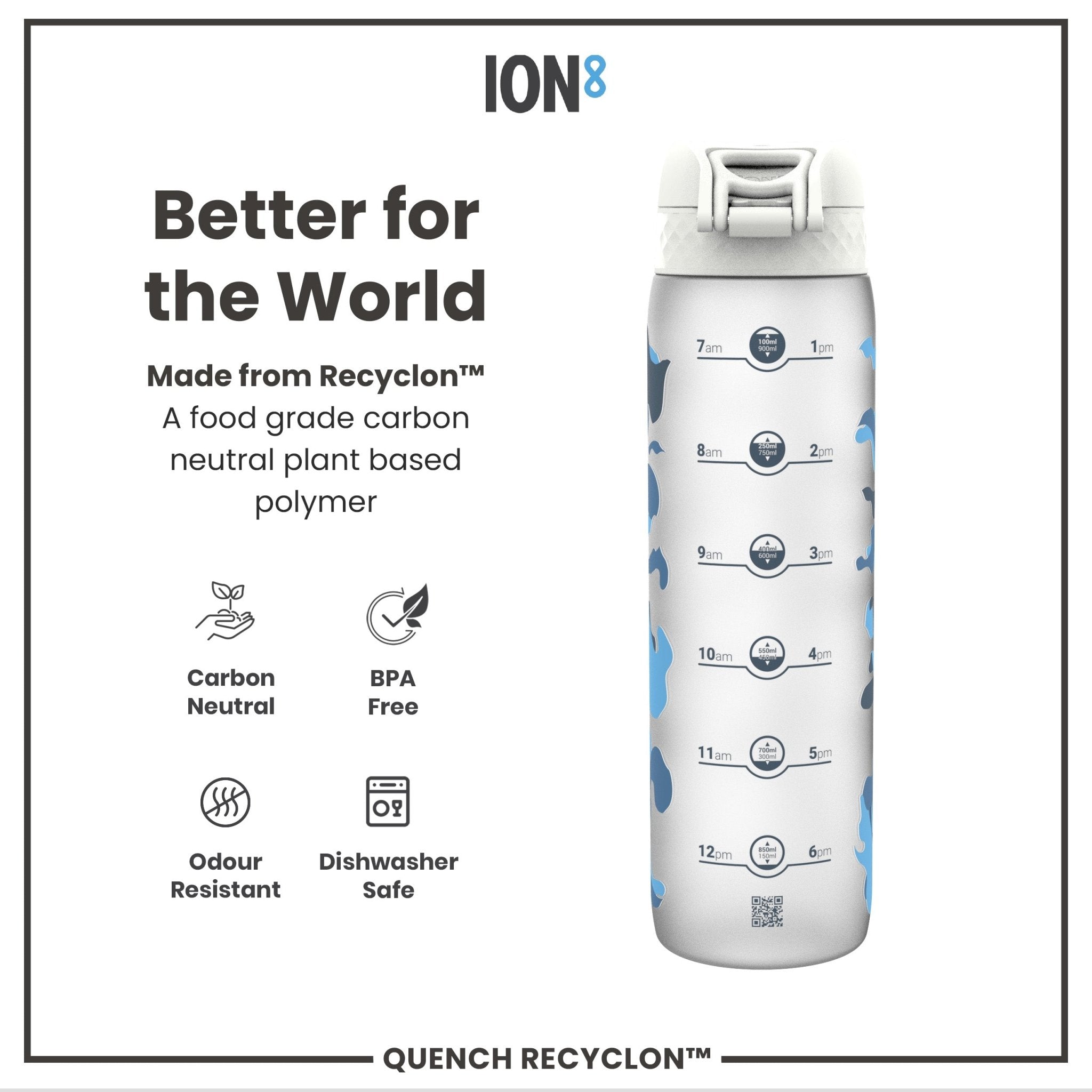 ION8 Recyclon 1L leak-proof water bottle with time markers, camouflage design, durable plastic for outdoor hydration.