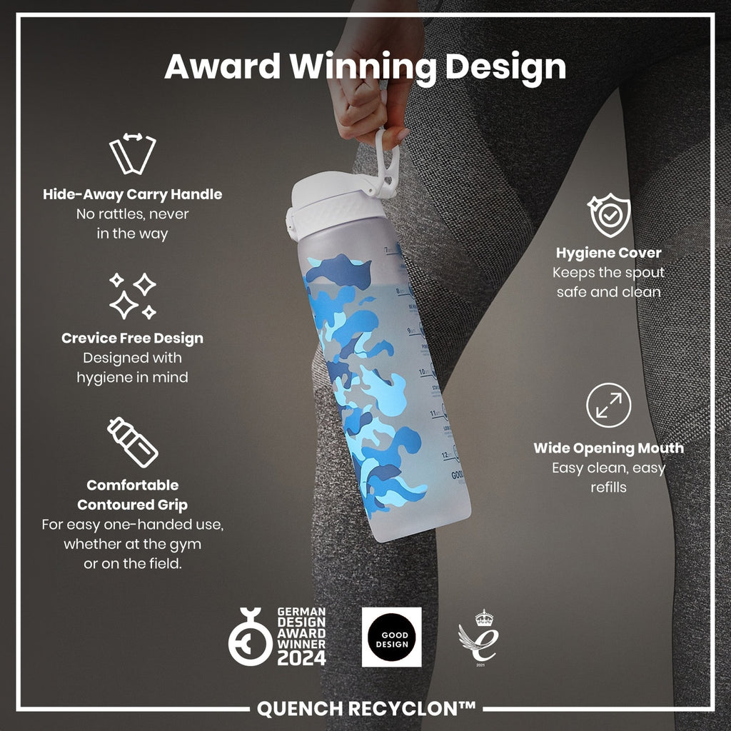 Ion8 Recyclon 1L water bottle with camouflage design, leak-proof lid, and time markers for hydration tracking.