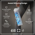 Ion8 Recyclon 1L water bottle with camouflage design, leak-proof lid, and time markers for hydration tracking.