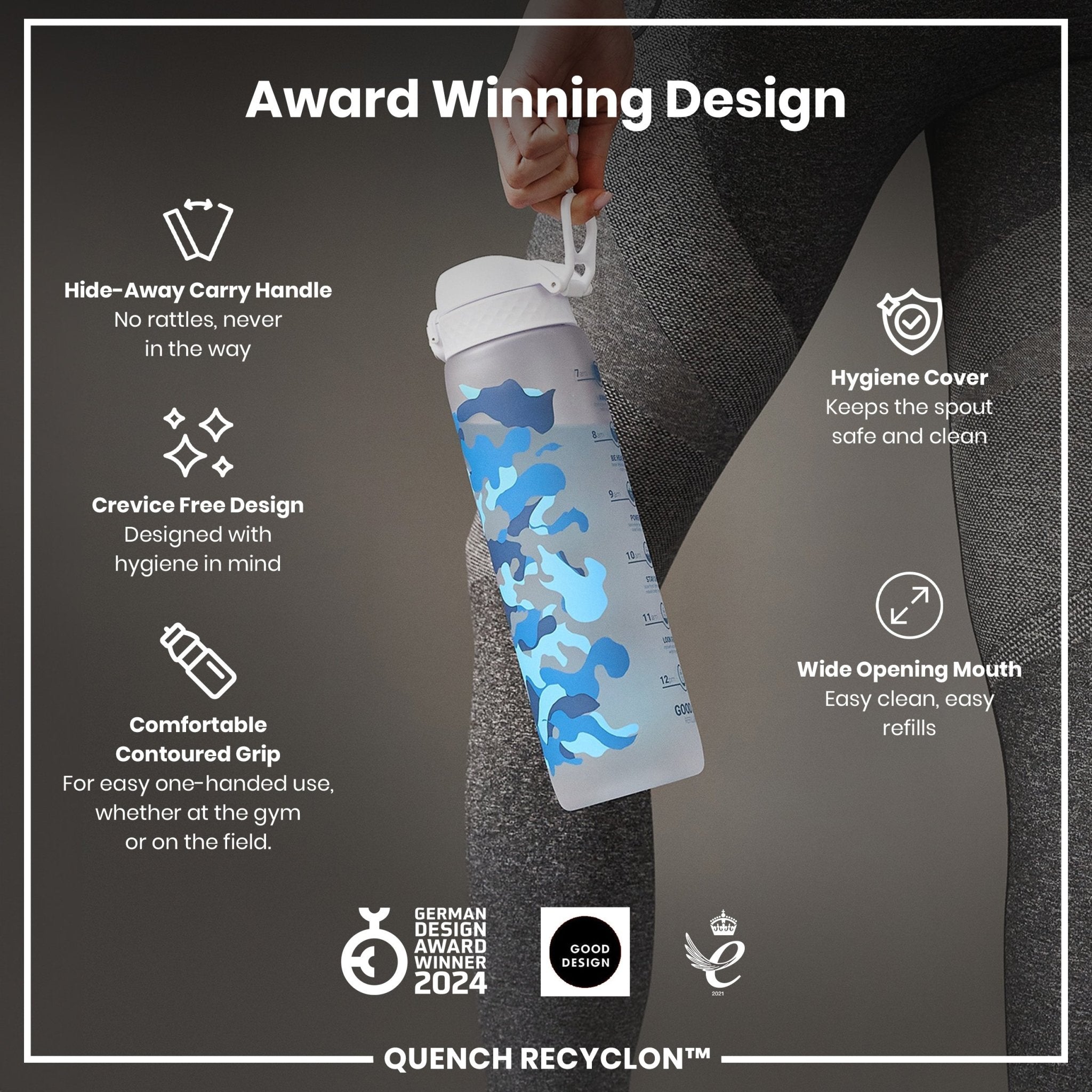 Ion8 Recyclon 1L water bottle with camouflage design, leak-proof lid, and time markers for hydration tracking.
