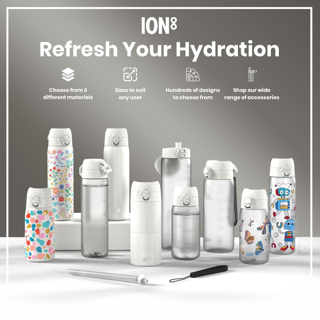Ion8 Recyclon 1L leak-proof water bottle with time markers and camouflage design, made from recyclable materials.
