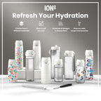 Ion8 Recyclon 1L leak-proof water bottle with time markers and camouflage design, made from recyclable materials.