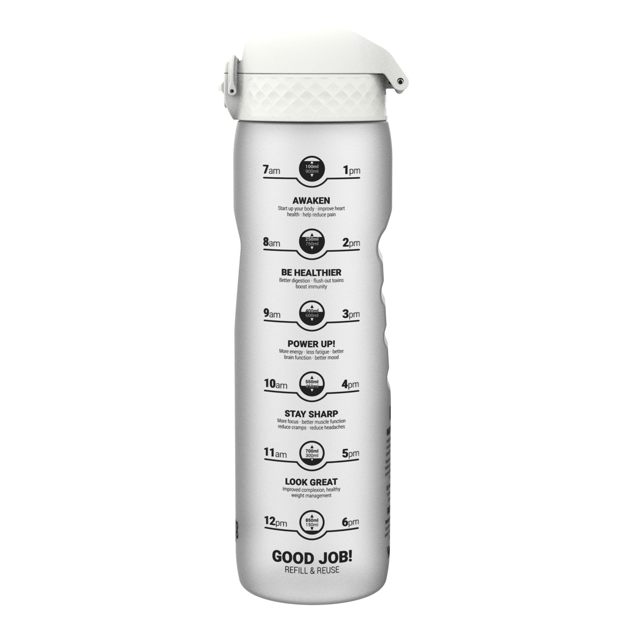 ION8 Recyclon 1L leak-proof water bottle with time markers, ice compartment, durable plastic, and ergonomic design for hydration.