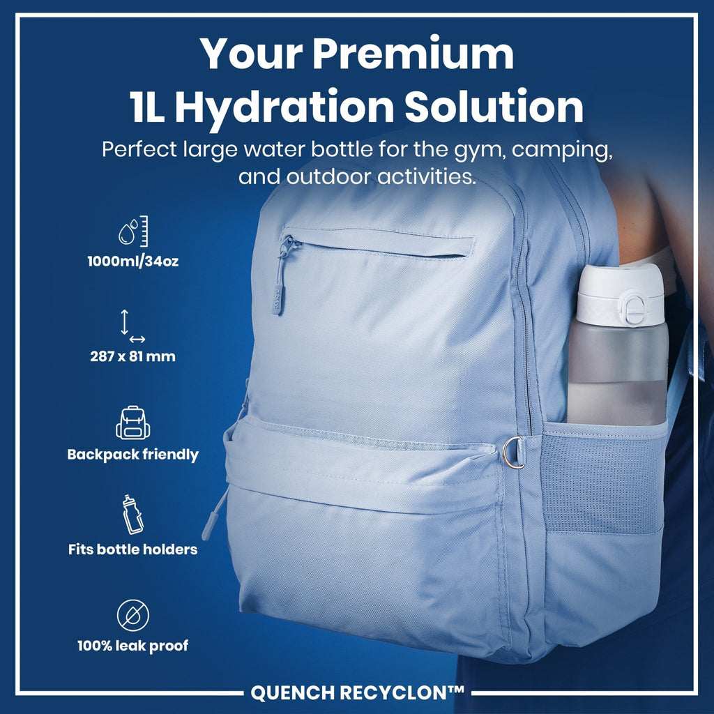 ION8 Recyclon Bottle Ice 1L with leak-proof design, featuring a clear 1-liter water bottle for drinking reminders and ice compatibility.