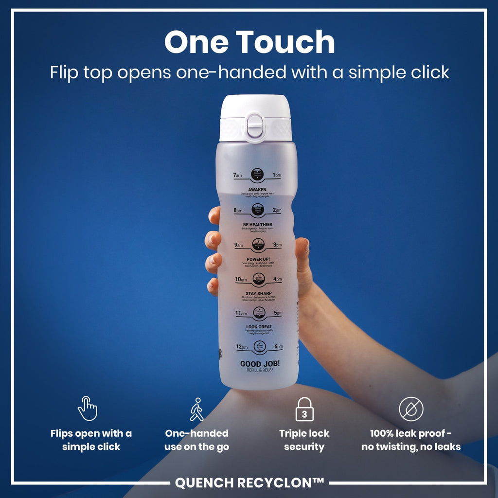 Ion8 Recyclon 1L leak-proof water bottle with ice, designed for cold drinks and easy to carry during outdoor activities.
