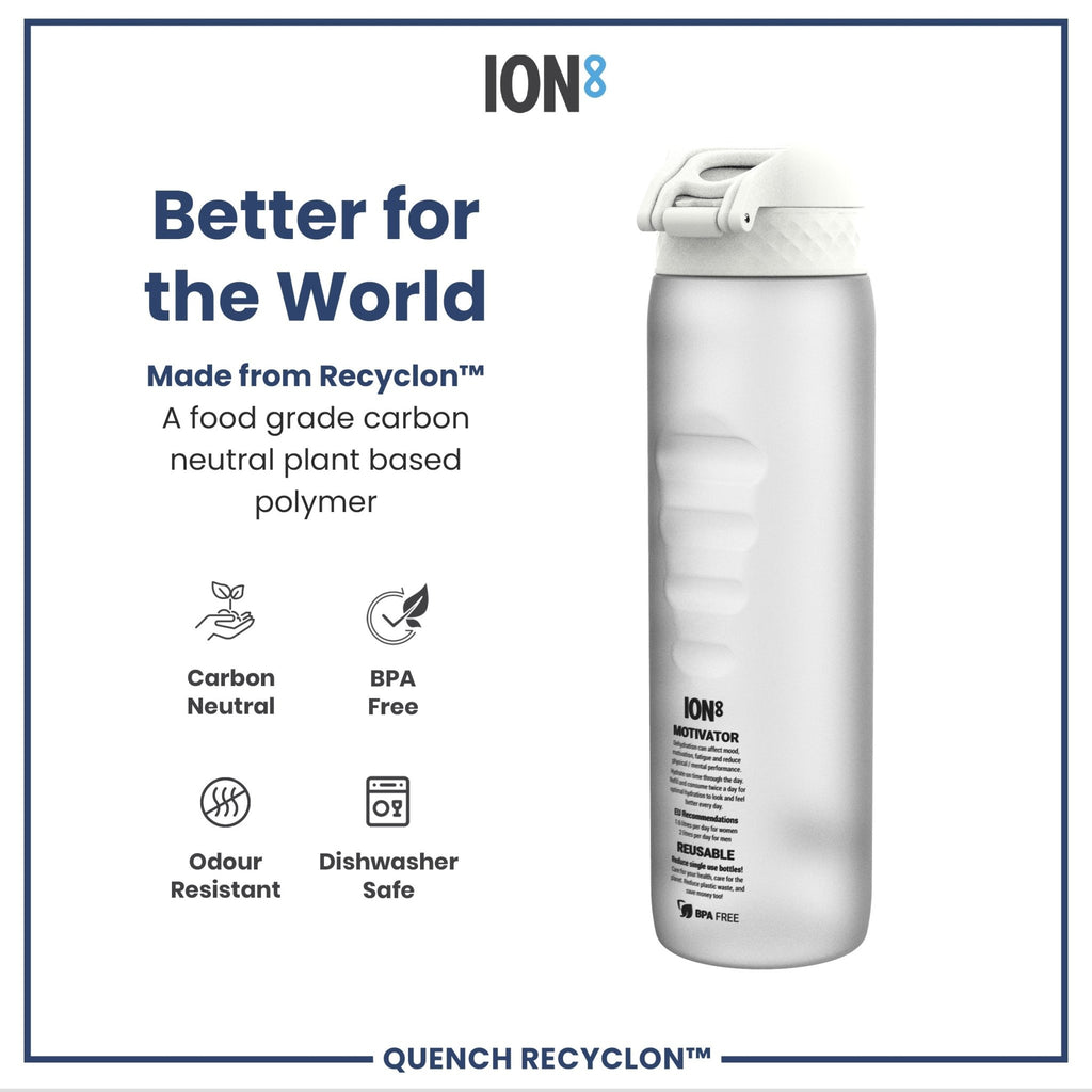 ION8 Recyclon Bottle Ice 1L, leak-proof water bottle with time markers for hydration, made from recyclable materials.