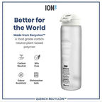 ION8 Recyclon Bottle Ice 1L, leak-proof water bottle with time markers for hydration, made from recyclable materials.