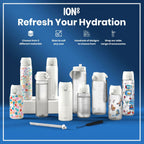 ION8 Recyclon Bottle Ice 1L with leak-proof design and time-to-drink markers, made from recyclable materials for eco-friendly hydration.