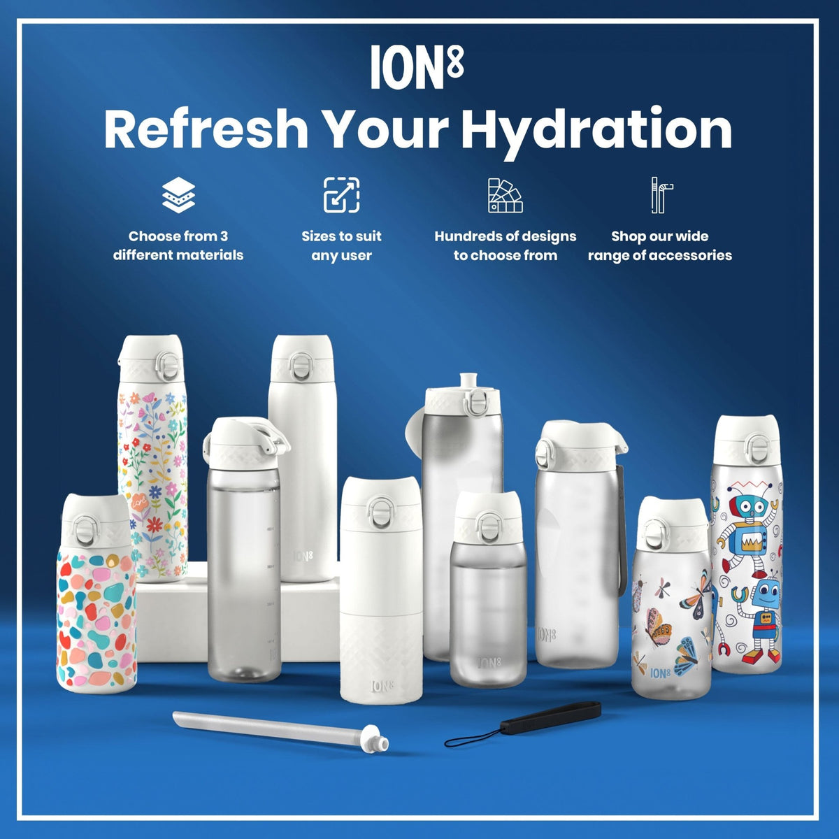ION8 Recyclon Bottle Ice 1L with leak-proof design and time-to-drink markers, made from recyclable materials for eco-friendly hydration.