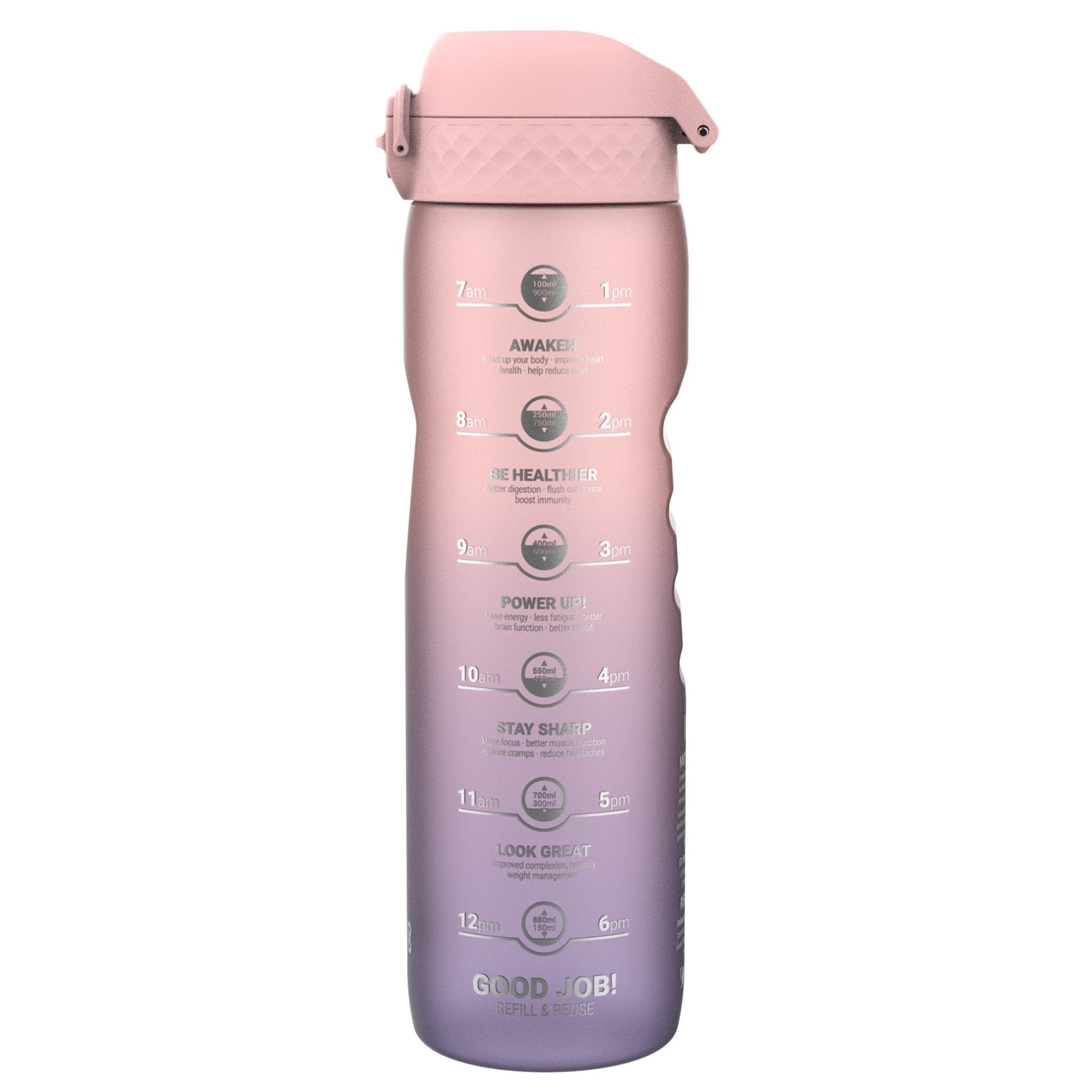 Ion8 Leak Proof 1L Recyclon water bottle in purple and rose with time markers for drinking reminders.
