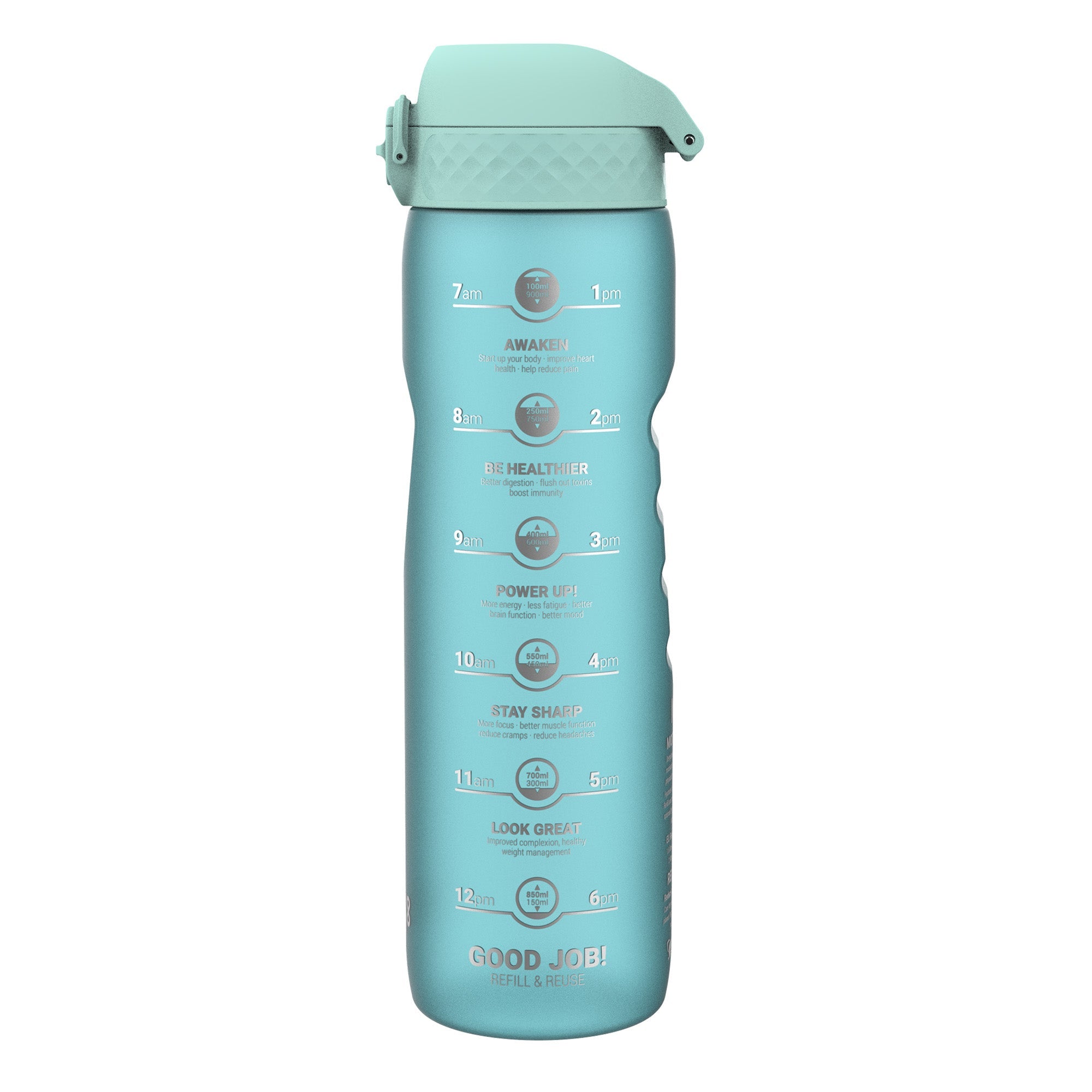 ION8 Recyclon 1L leak-proof water bottle with time markers in Sonic Blue, made for easy hydration on the go.
