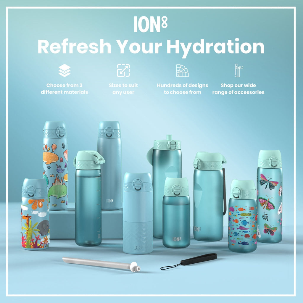 ION8 Recyclon Sonic Blue 1L water bottle with leak-proof design and time markers for hydration tracking.