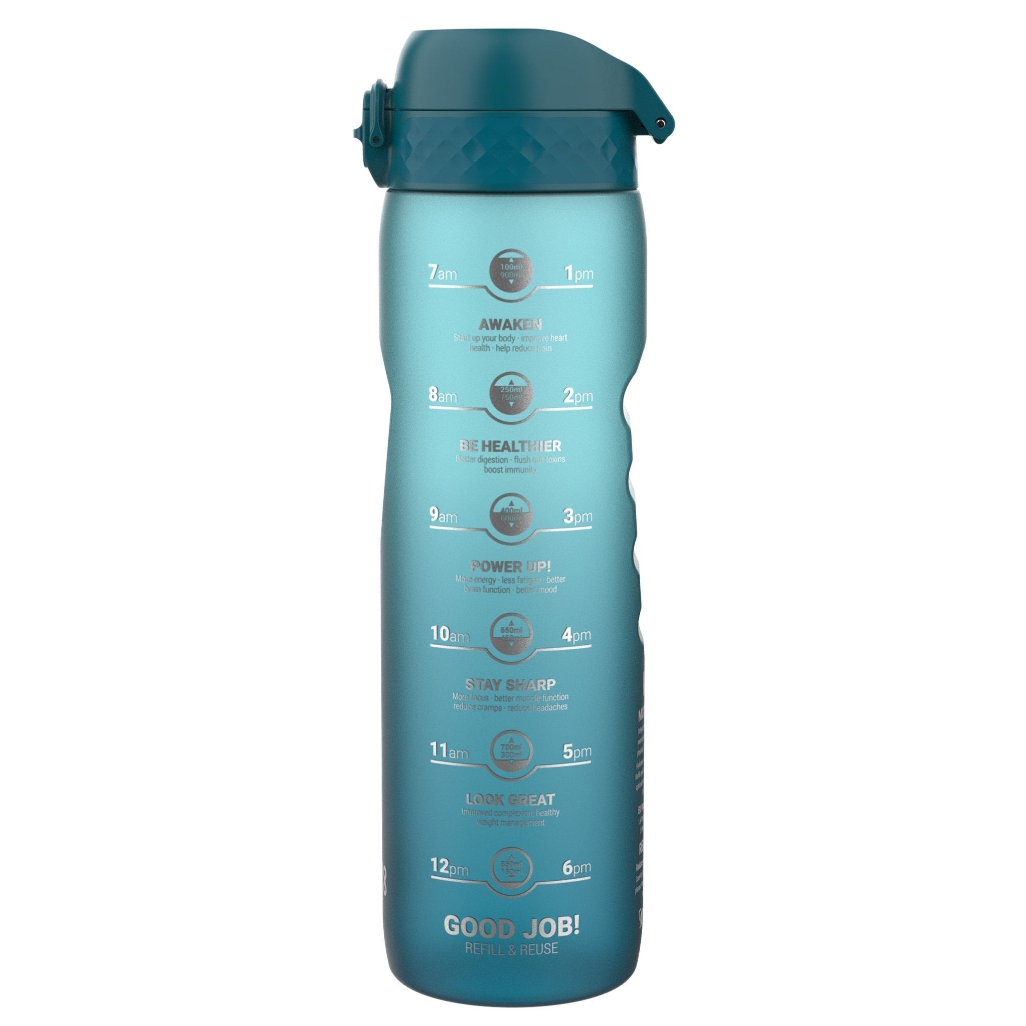 ION8 Recyclon 1L teal and blue leak-proof water bottle with time markings for hydration tracking.