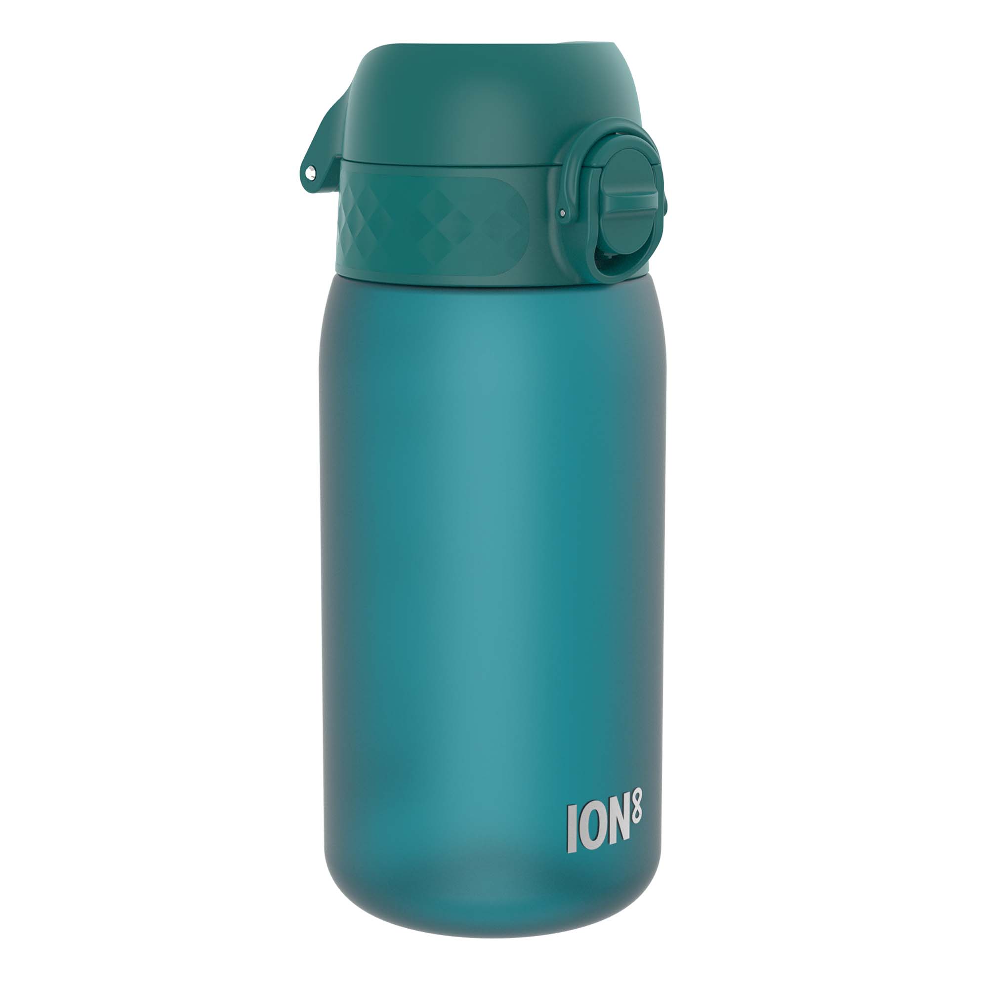 Ion8 leak-proof kids water bottle in aqua, 350ml, with a durable Recyclon design and secure leak-proof cap.