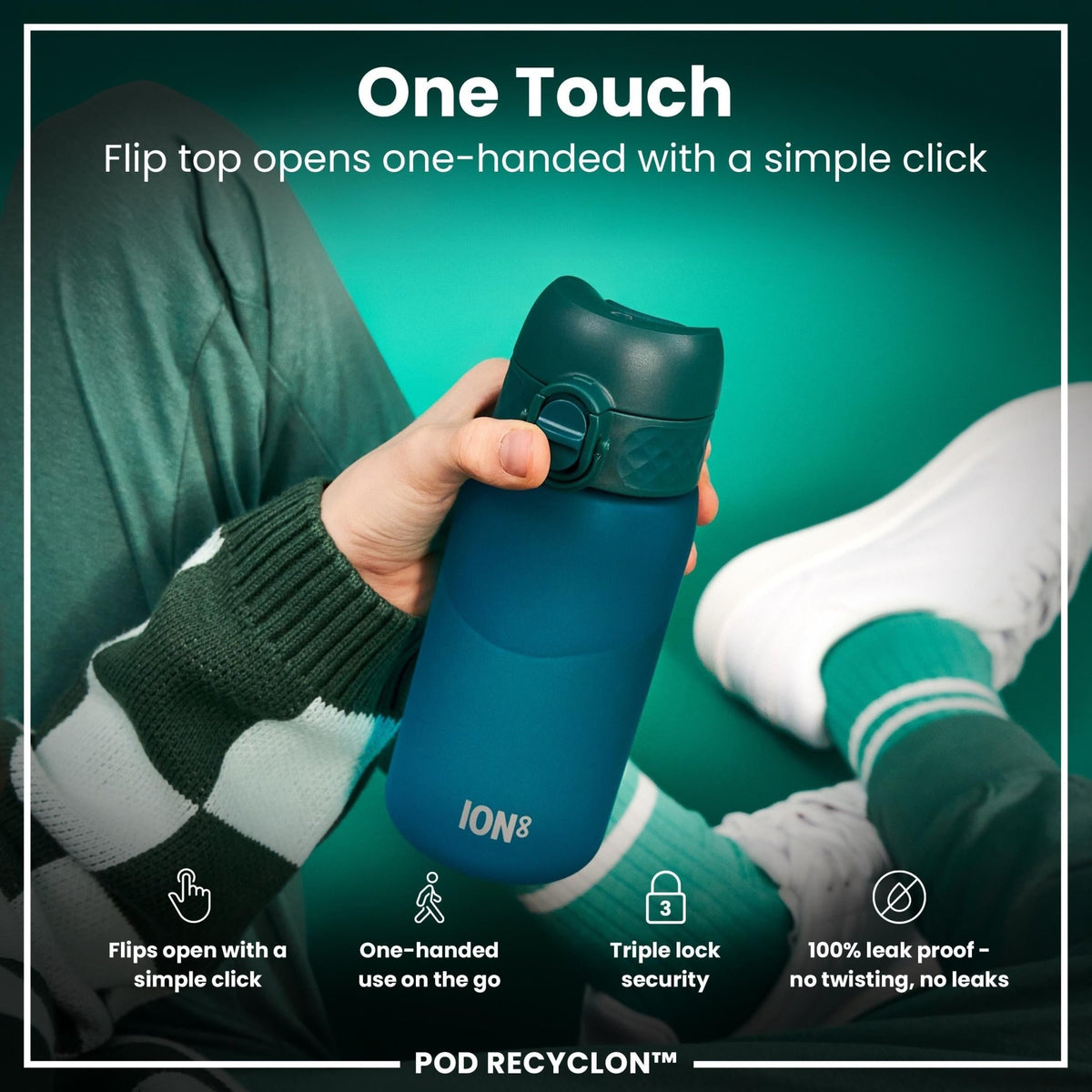 Ion8 Recyclon Aqua 350ml leak-proof kids water bottle, durable plastic with secure lid, designed for active children.