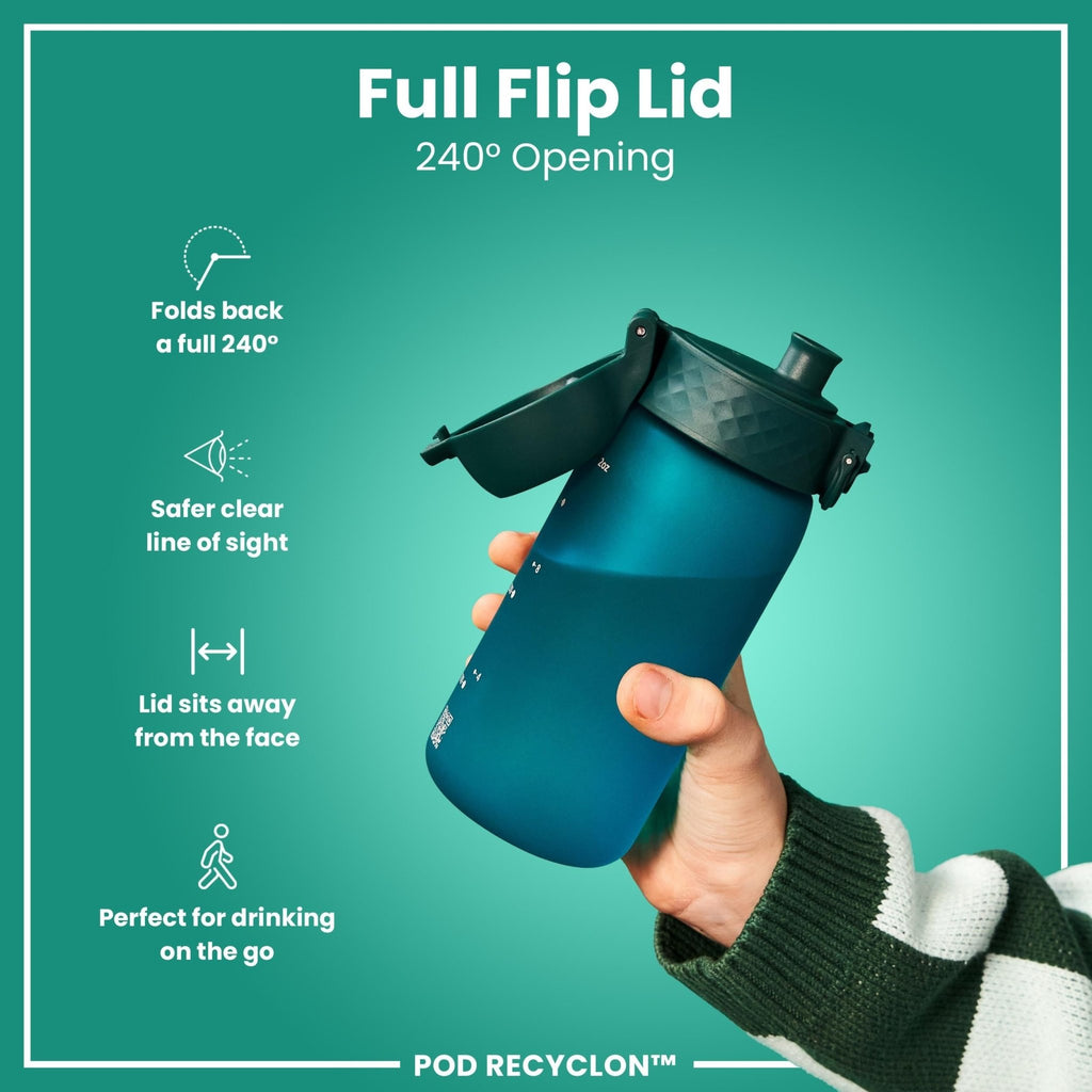 Ion8 Recyclon Aqua 350ml leak-proof kids water bottle, made from recycled materials, featuring a secure cap and vibrant aqua color.