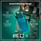 ION8 Recyclon Aqua 350ml leak-proof kids water bottle with durable design and vibrant blue color.